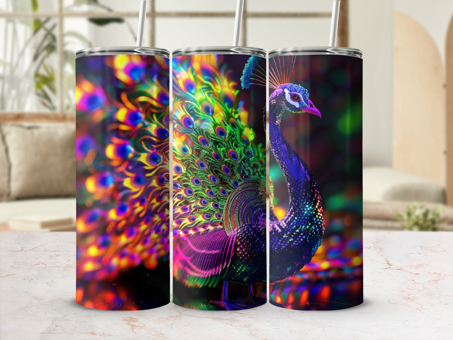 Tumbler with vibrant, iridescent peacock feather design.