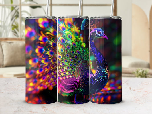 Tumbler with vibrant, iridescent peacock feather design.