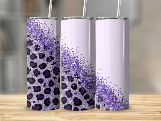 Three purple leopard print tumblers with glitter accents.
