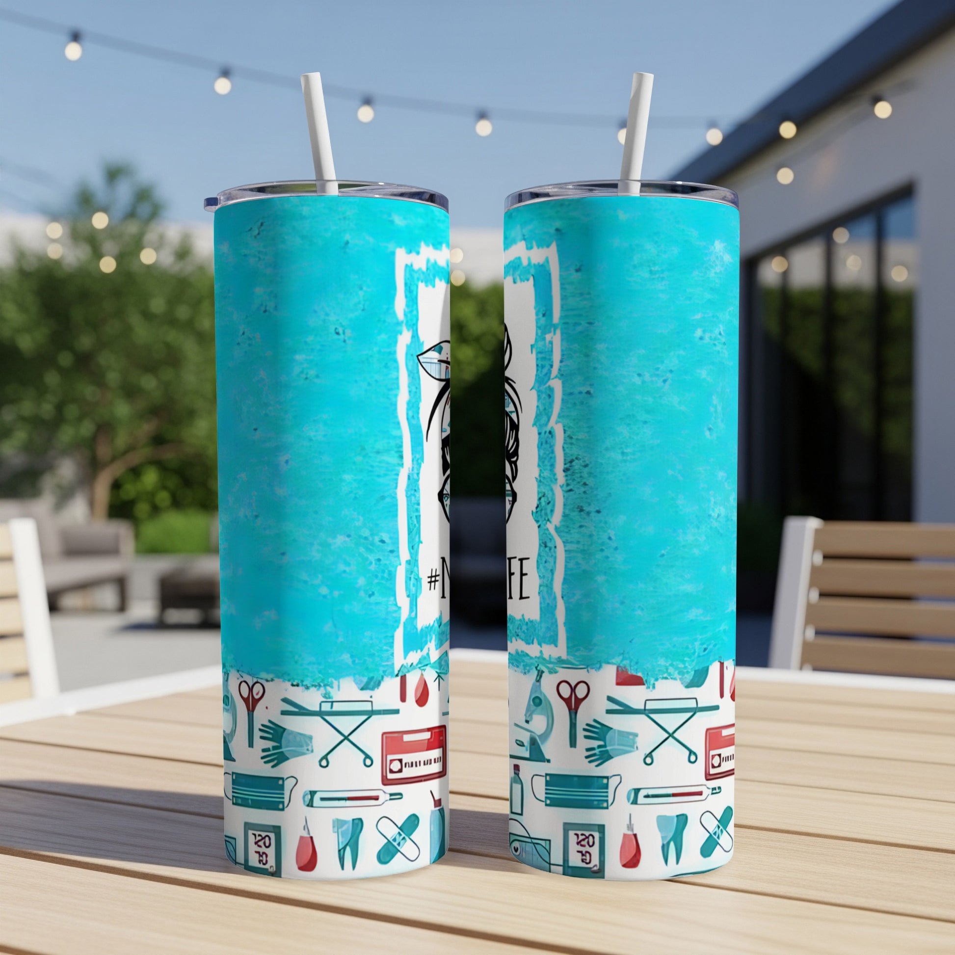 Two blue and white medical-themed tumblers with stethoscope, syringe, and caduceus design.