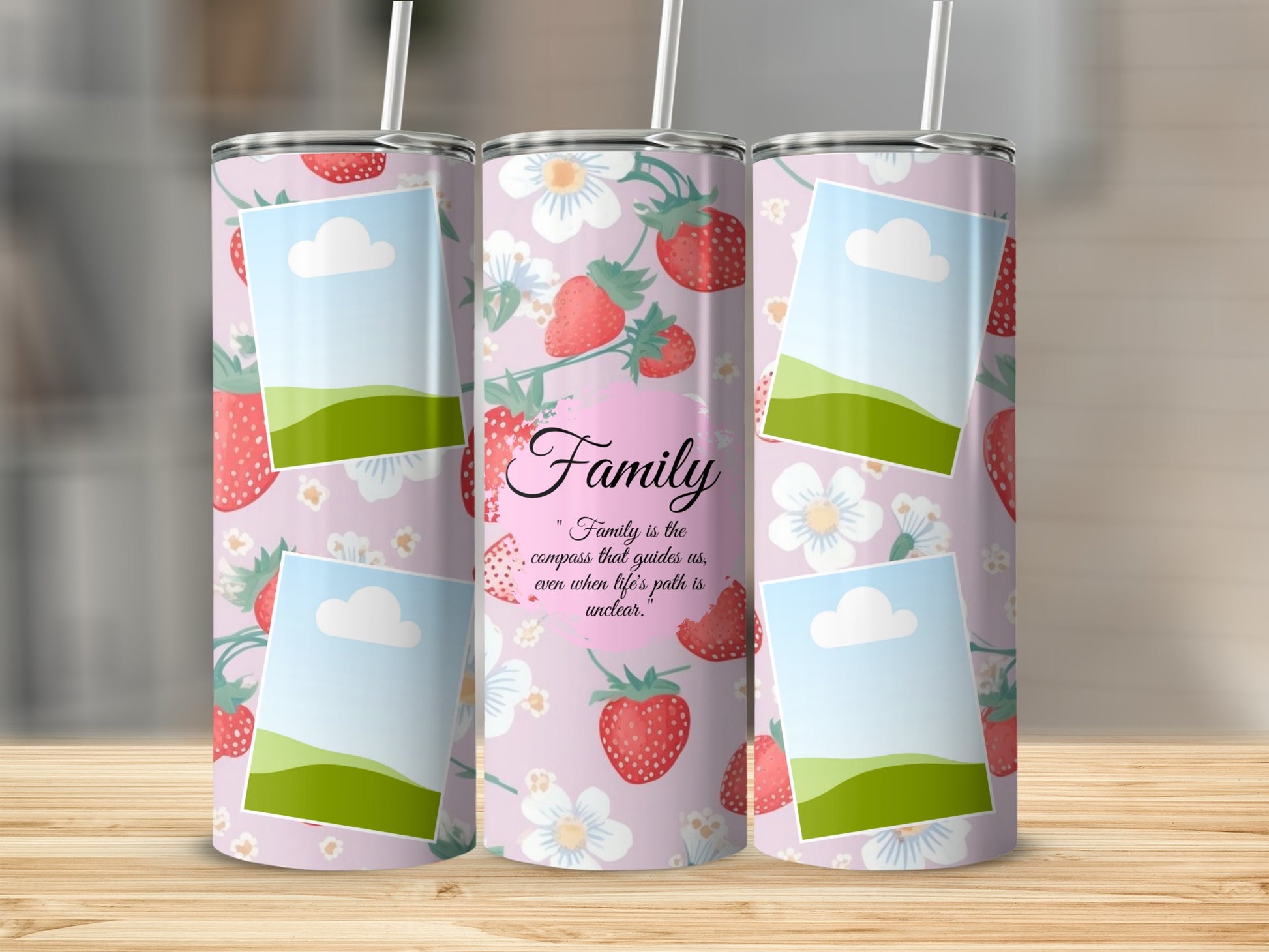 Tumbler with strawberries, flowers, quote, and photo placeholders.