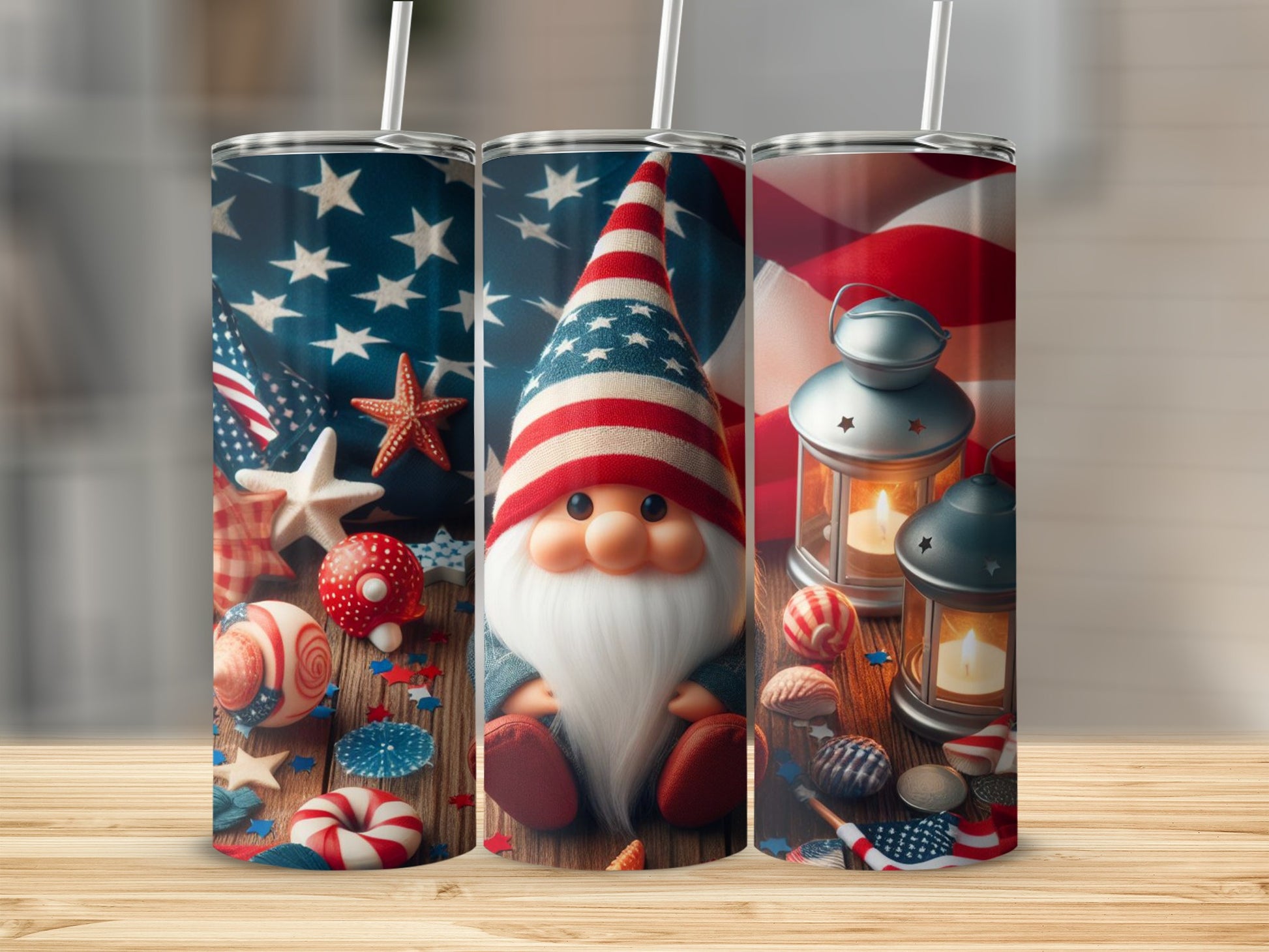 Gnome with American flag hat and patriotic decorations on tumblers.