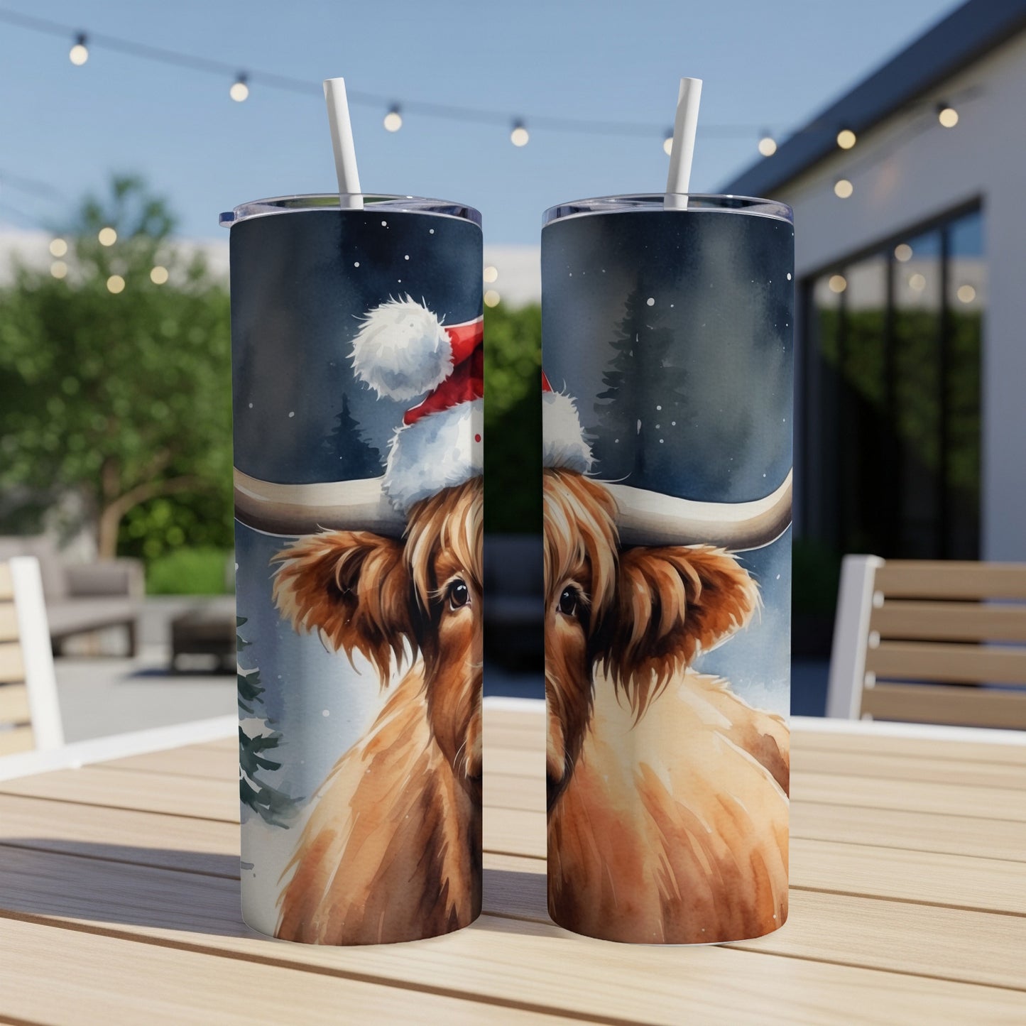 Highland cow wearing Santa hat, winter background, on two tumblers.
