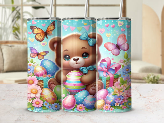 Easter teddy bear with colorful eggs and butterflies on a teal background.