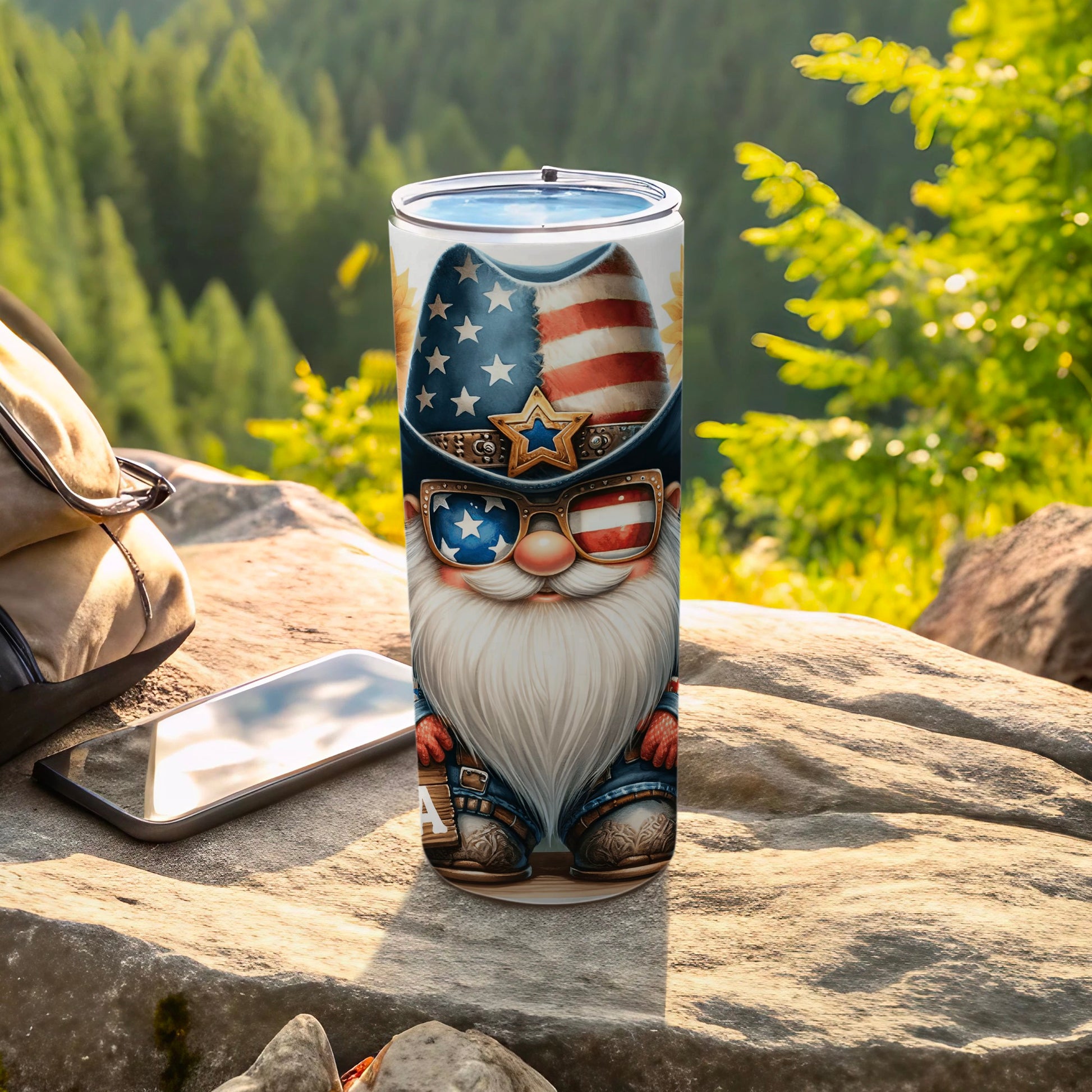 Gnome wearing patriotic stars and stripes hat and sunglasses, holding a flag.