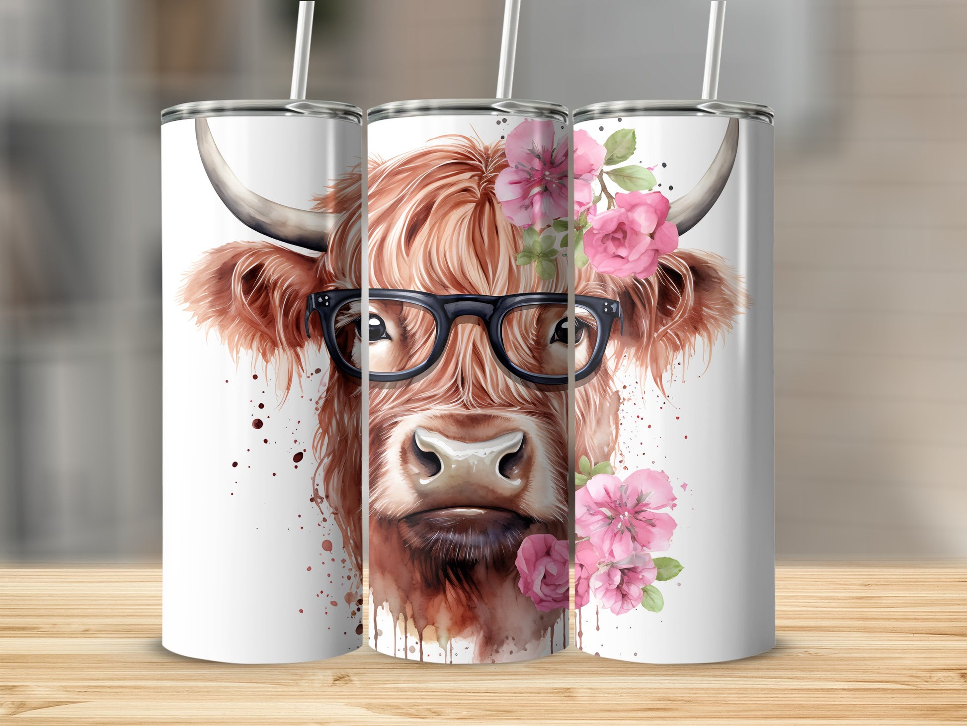 Highland cow with glasses and pink flowers on a tumbler.