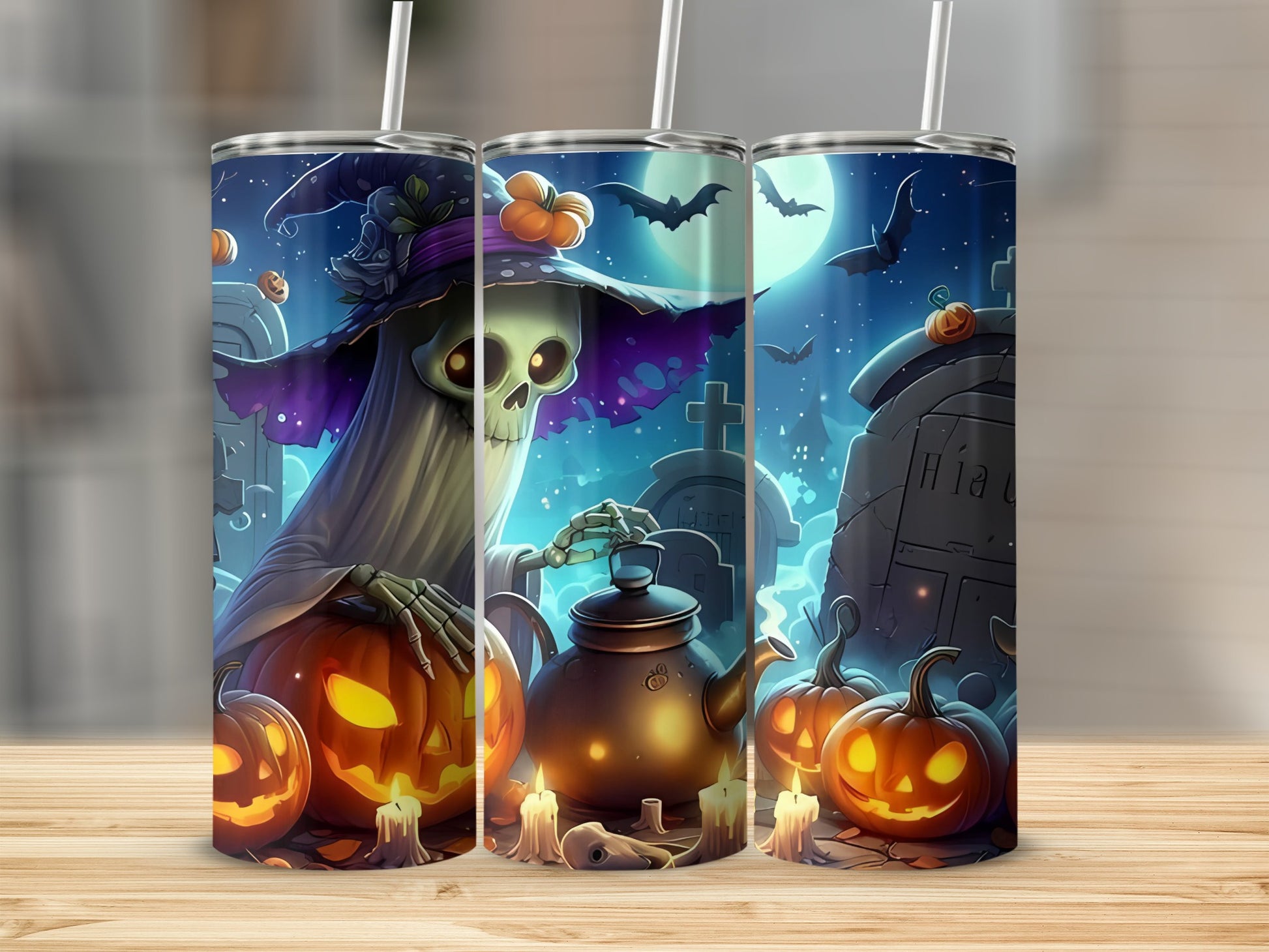 Halloween-themed tumblers with skeleton, pumpkins, bats, and graveyard scene.