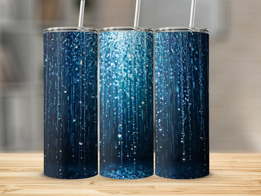 Three tumblers with a shimmering blue water droplet design.