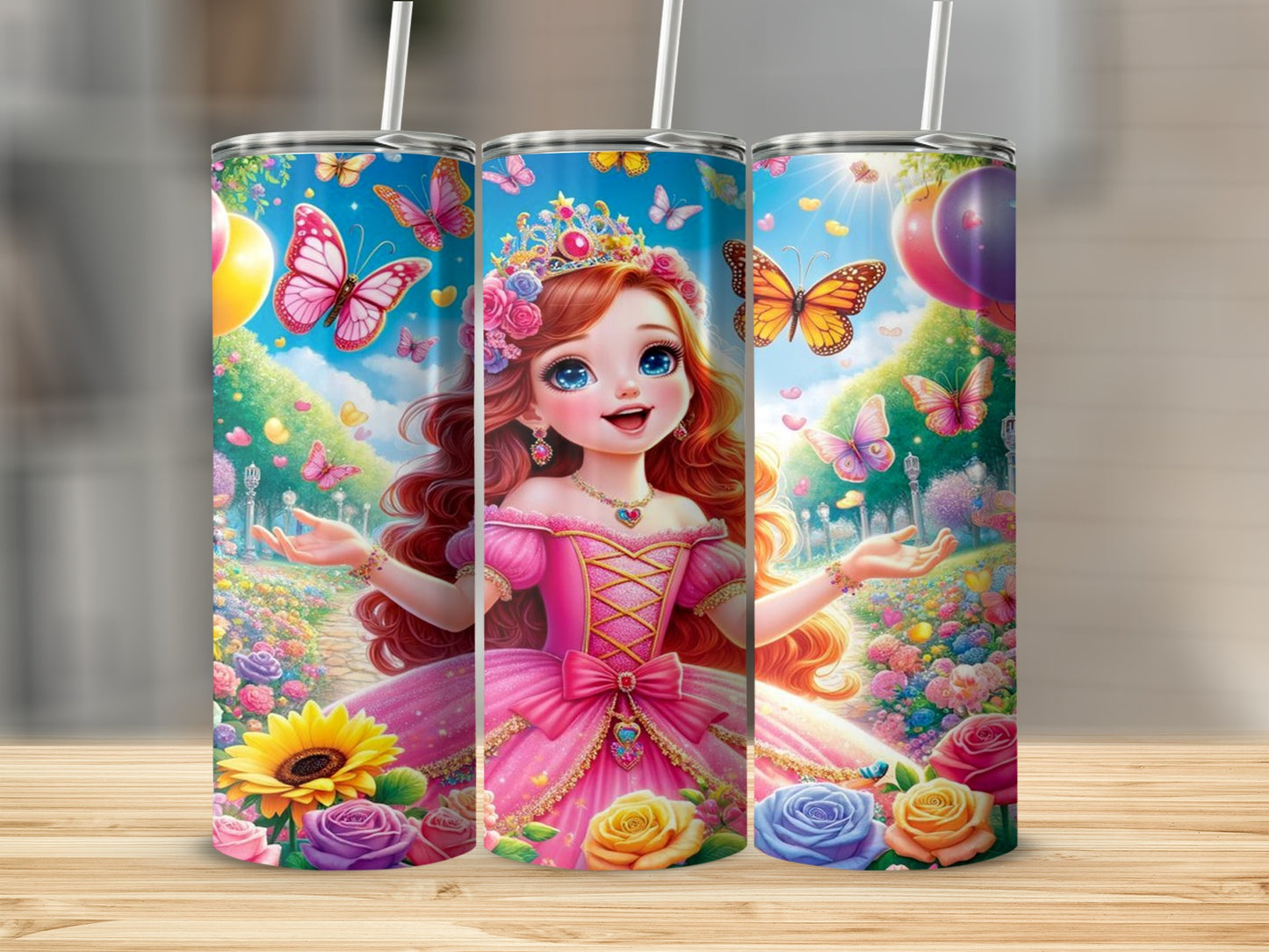 Colorful Princess with Butterflies Tumbler Cup Design