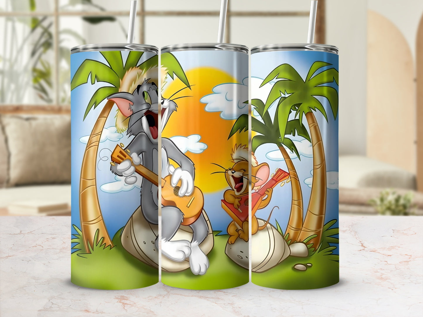 Tropical Guitar Playing Cartoon Tumbler with Straw