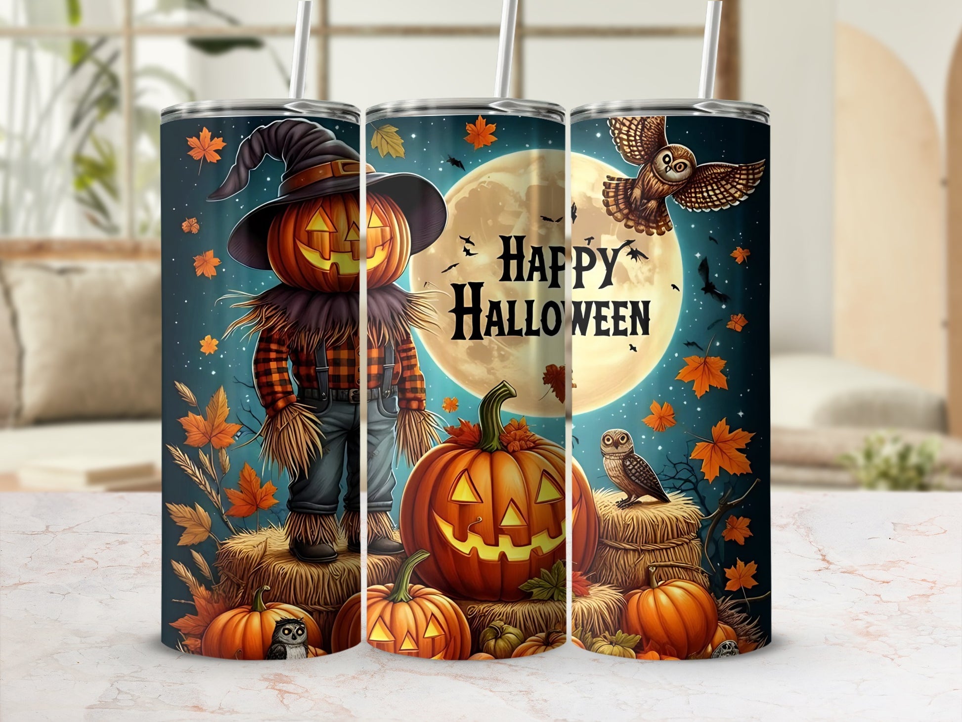 Three tumblers with a Halloween theme featuring a scarecrow, pumpkins, owls, and "Happy Halloween" text.