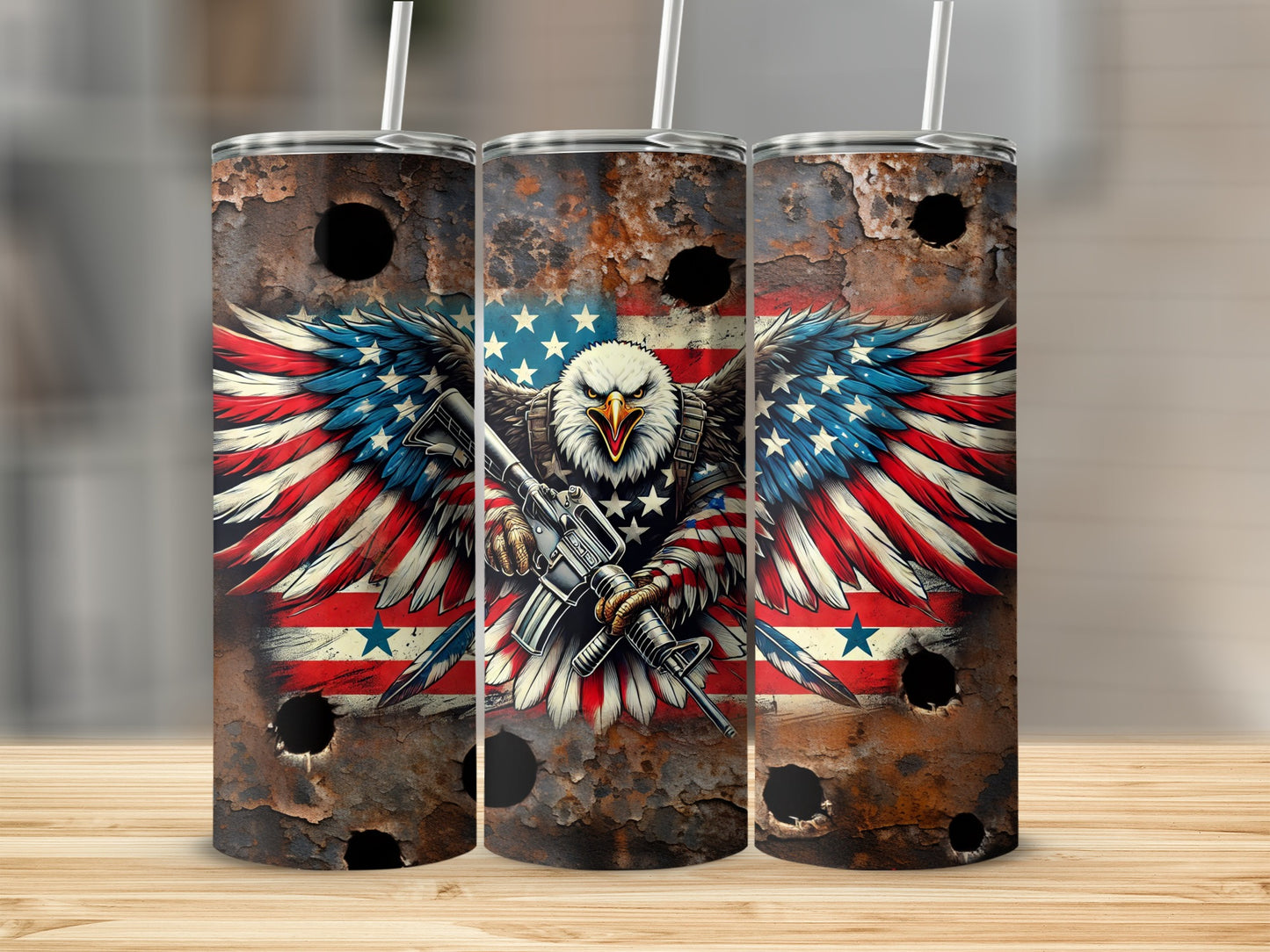 Triptych of tumblers featuring an eagle with gun, USA flag wings, and distressed texture.