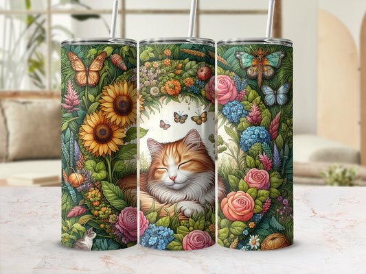 Floral tumbler with sleeping cat and butterflies, sunflowers, and roses.
