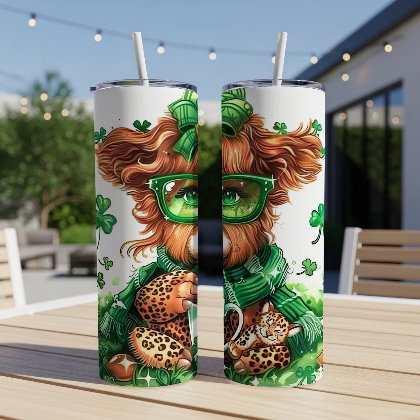 St. Patrick's Day themed tumbler with a green-eyed dog and leopard cubs.