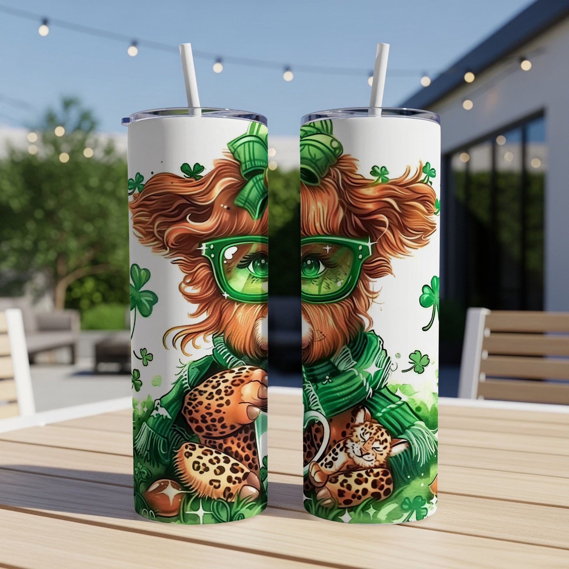 St. Patrick's Day themed tumbler with a green-eyed dog and leopard cubs.