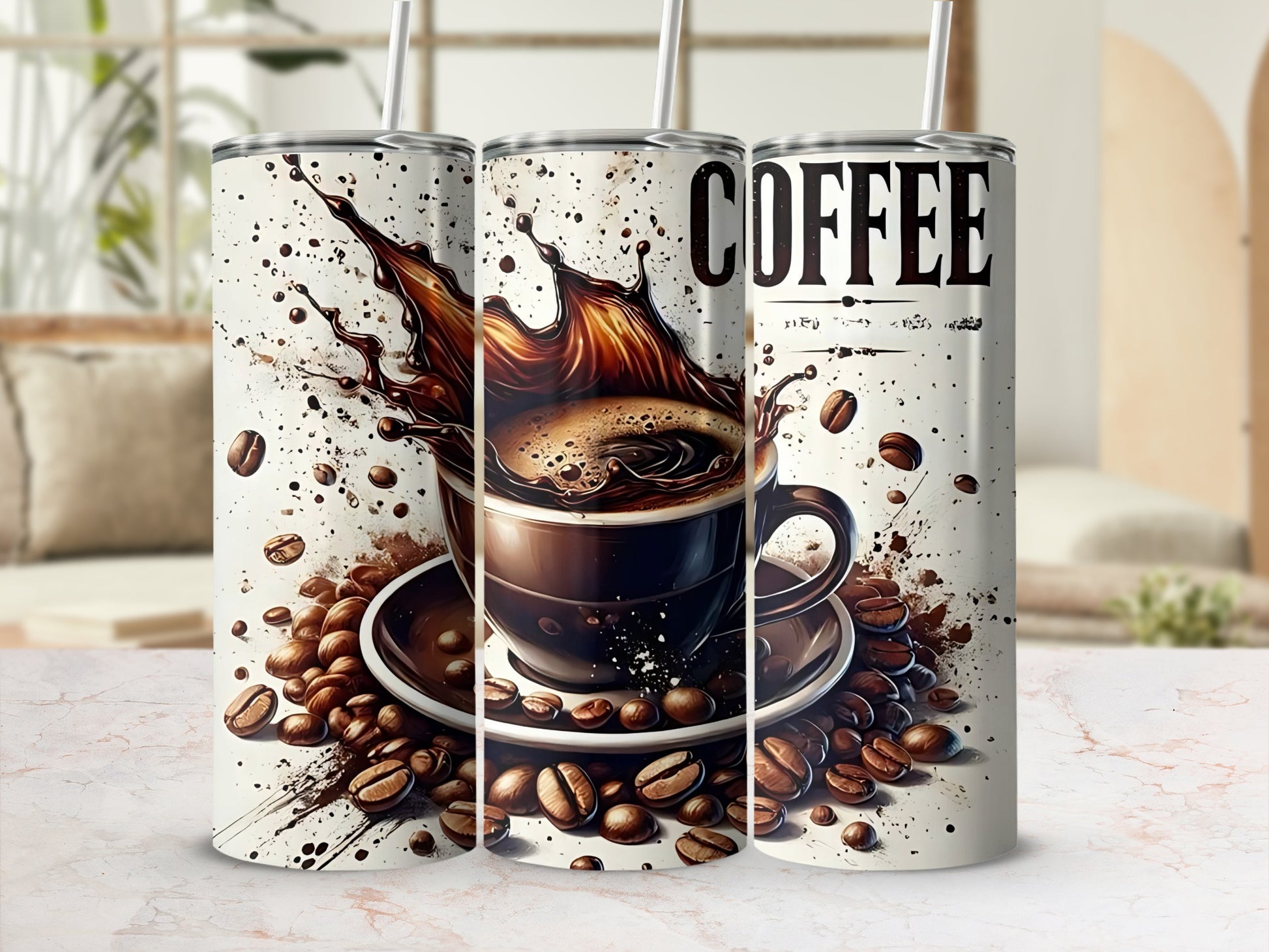 Coffee Art Tumbler with Splash and Beans Graphic