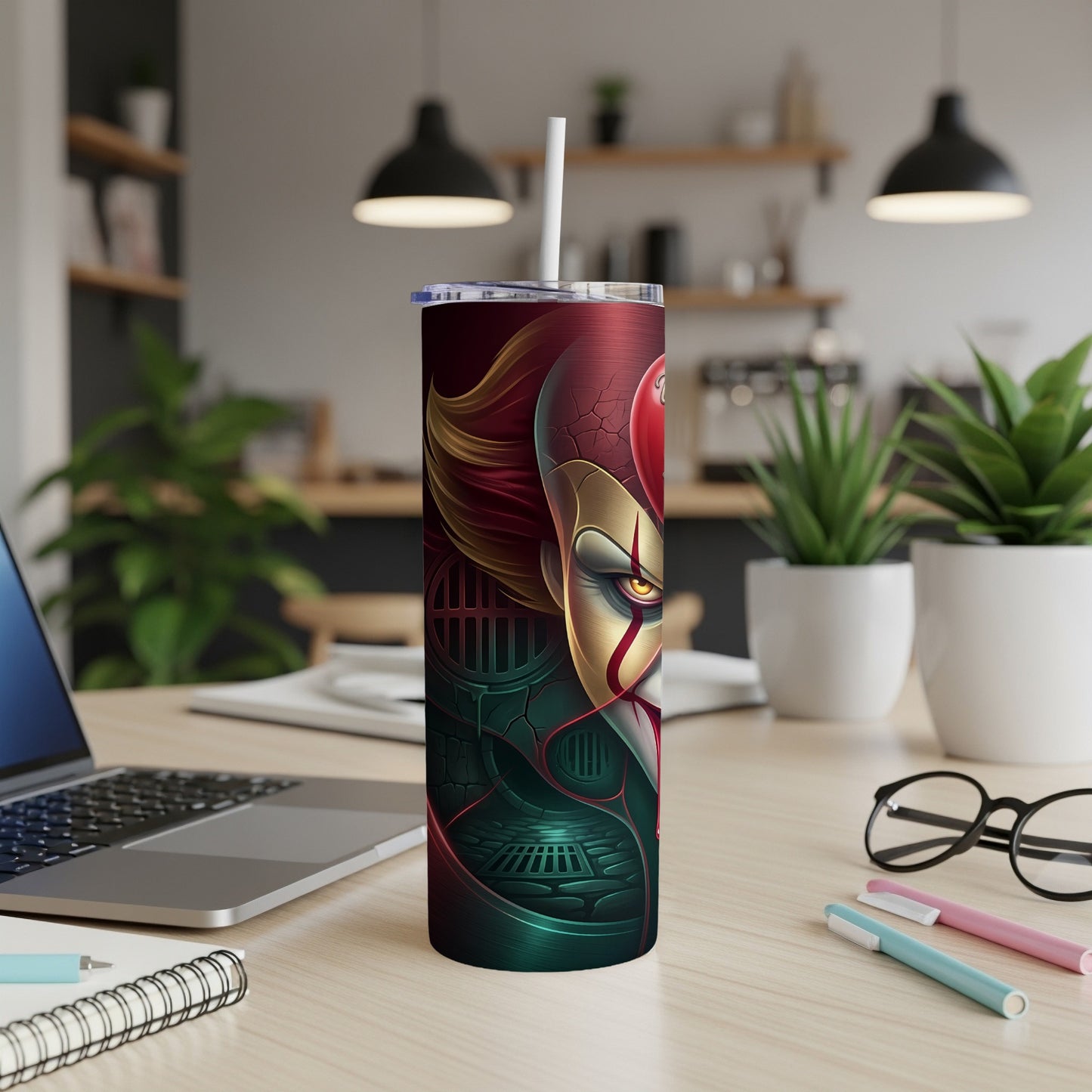 Tumbler with a close-up illustration of a scary clown face and a red balloon.