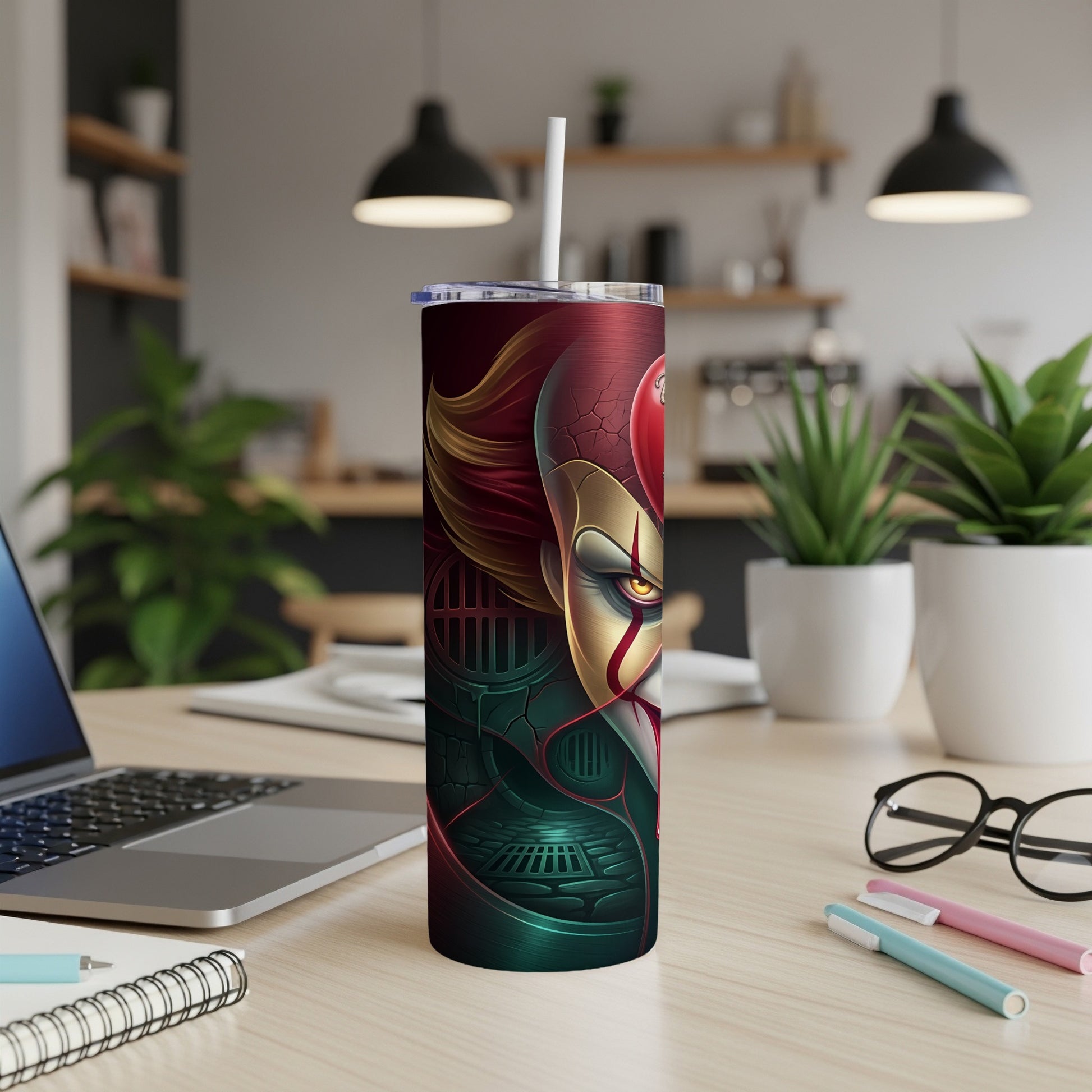 Tumbler with a close-up illustration of a scary clown face and a red balloon.