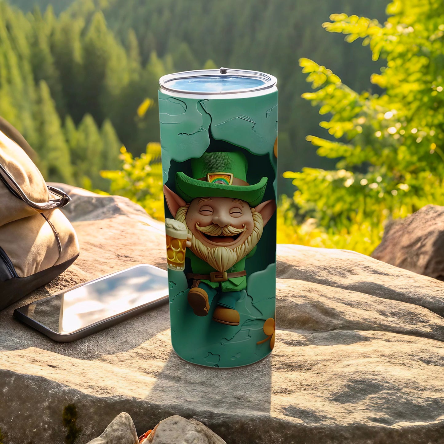 Green tumbler with St. Patrick's Day leprechaun character holding a beer.