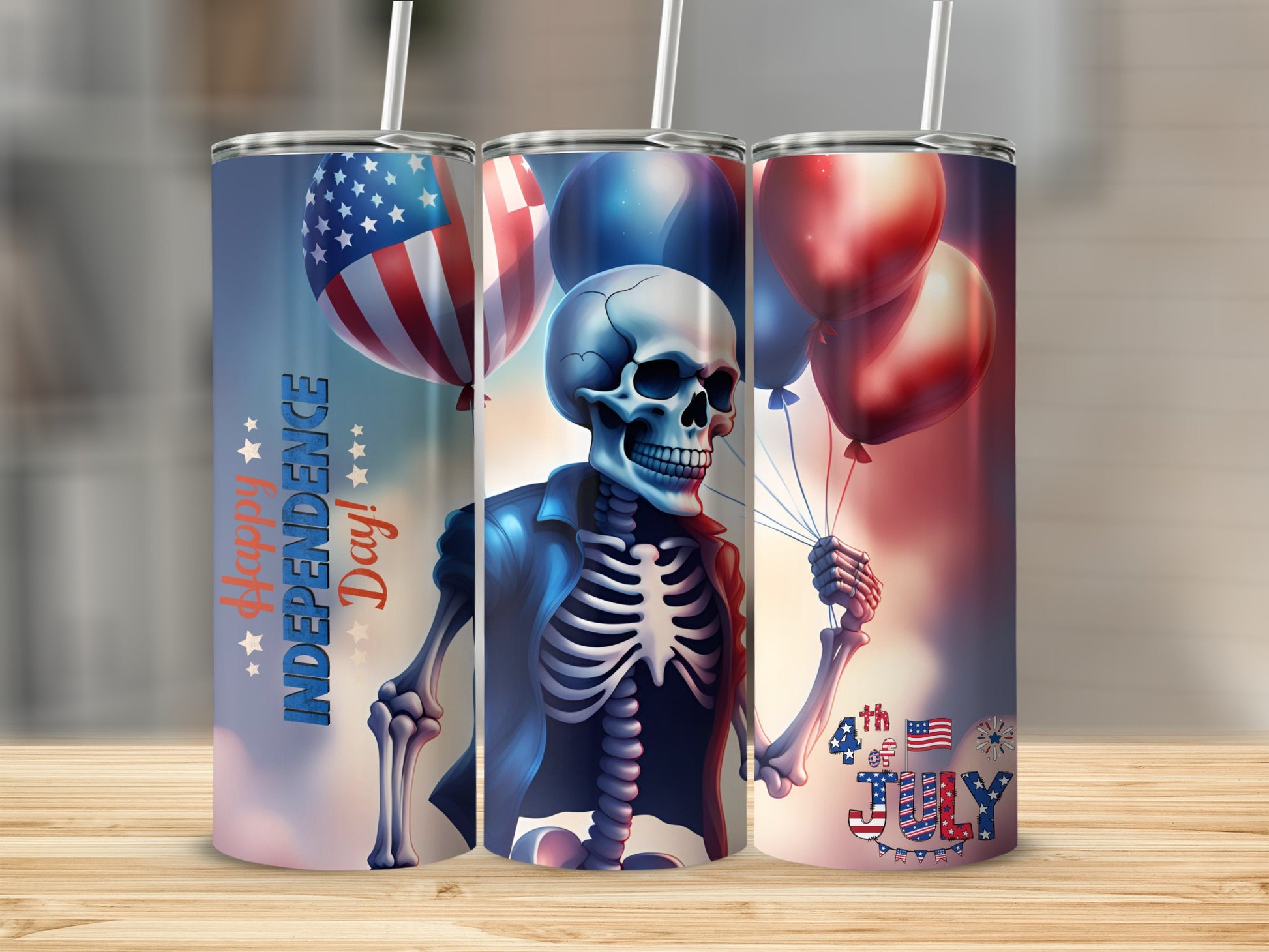 Skeleton in jacket holding balloons, Happy Independence Day design.