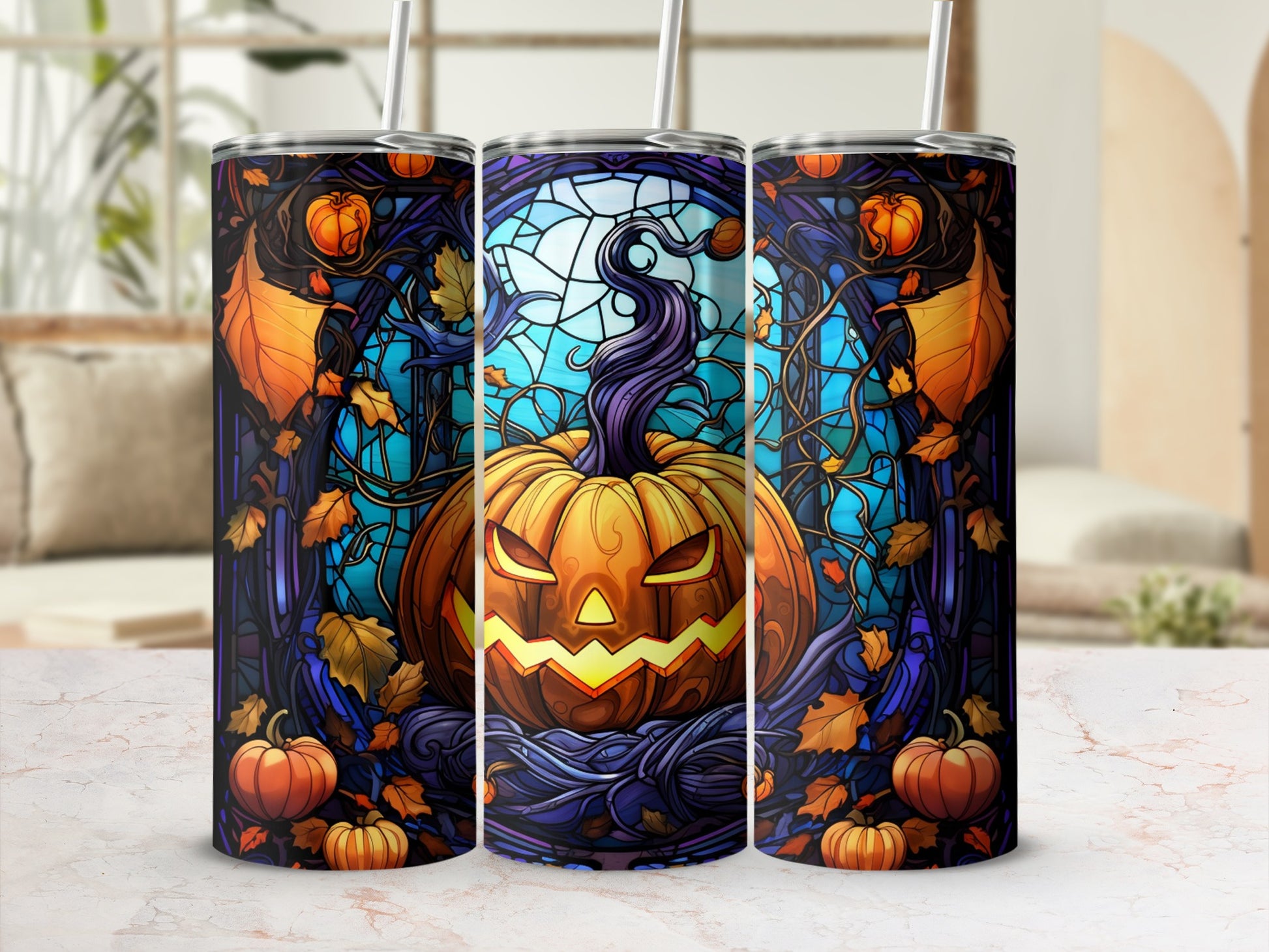 Halloween tumbler with carved pumpkin, leaves, and swirling blue background.