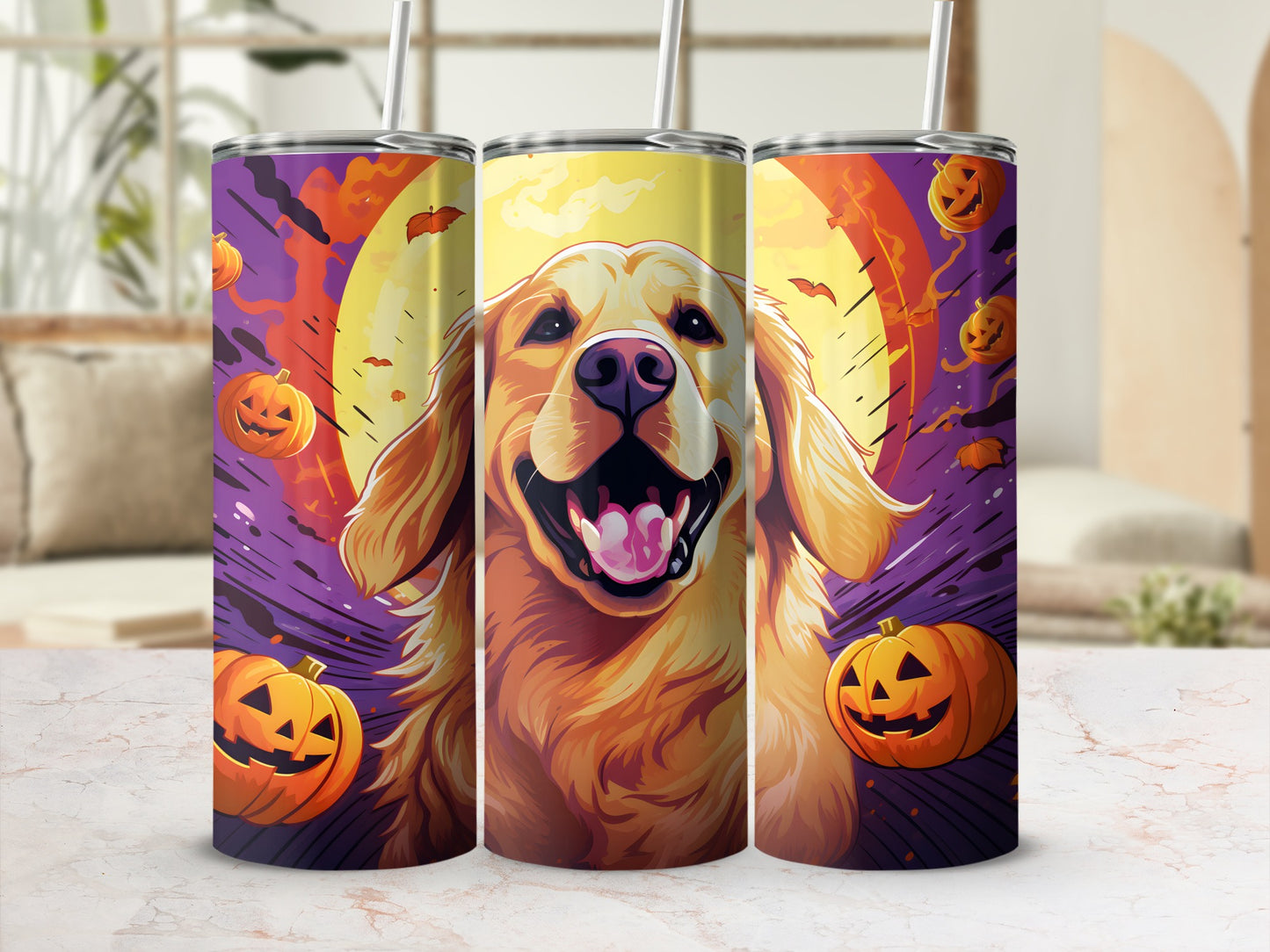 Three tumblers featuring a happy Golden Retriever with Halloween pumpkins and bats.