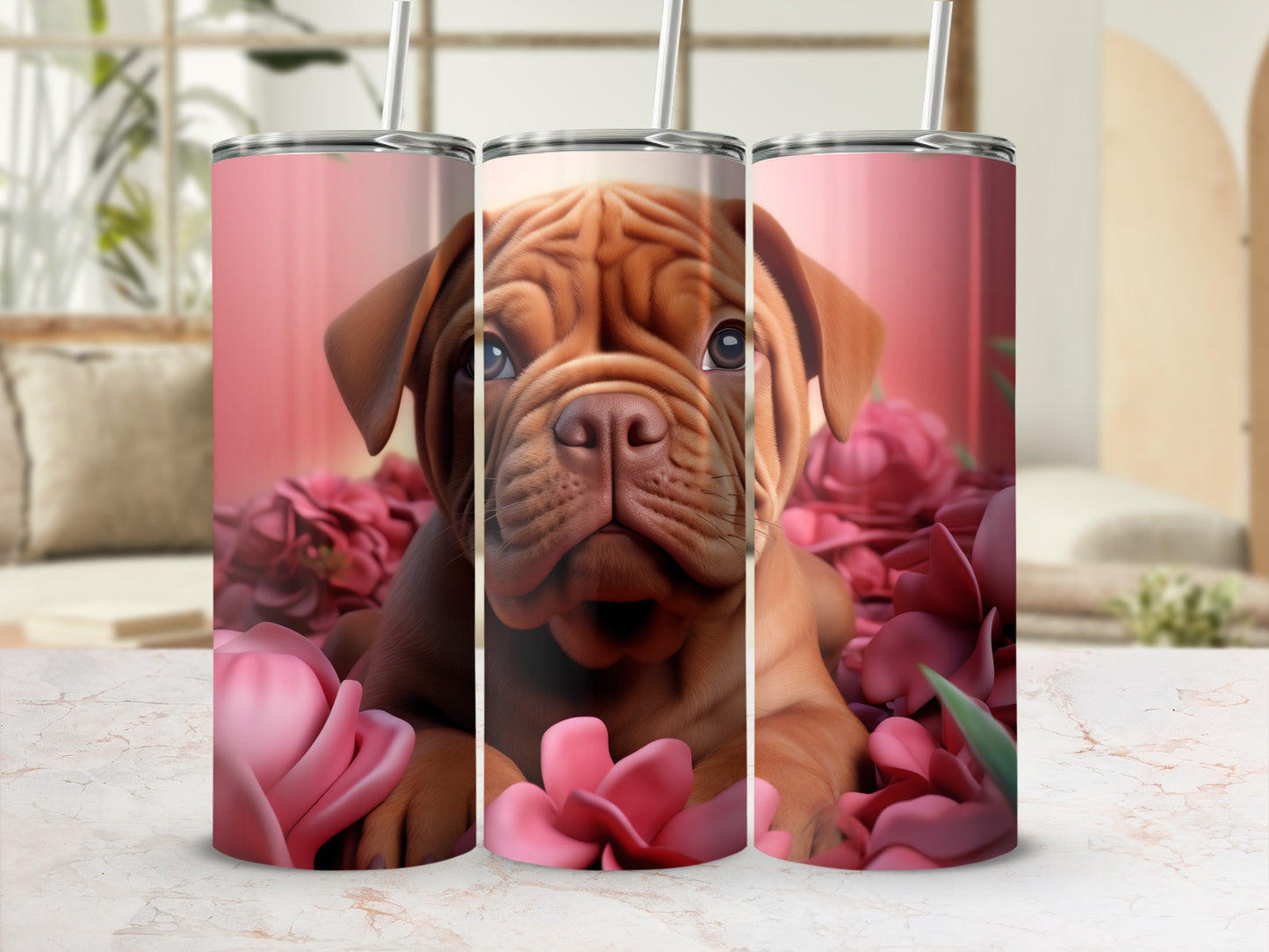 Cute Bulldog Puppy Pink Flowers Tumbler product type
