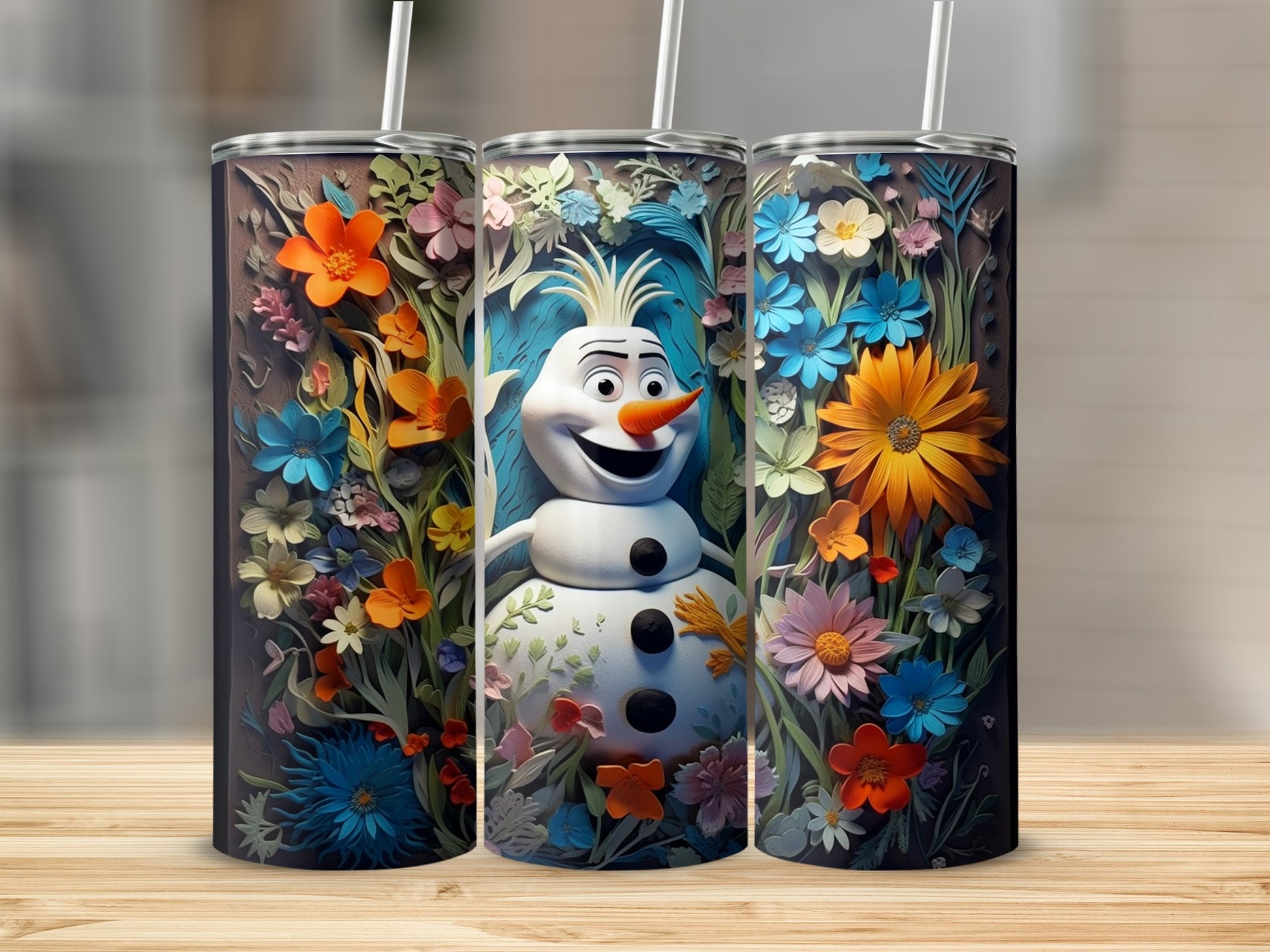 Colorful Floral Design with Snowman Tumbler Set