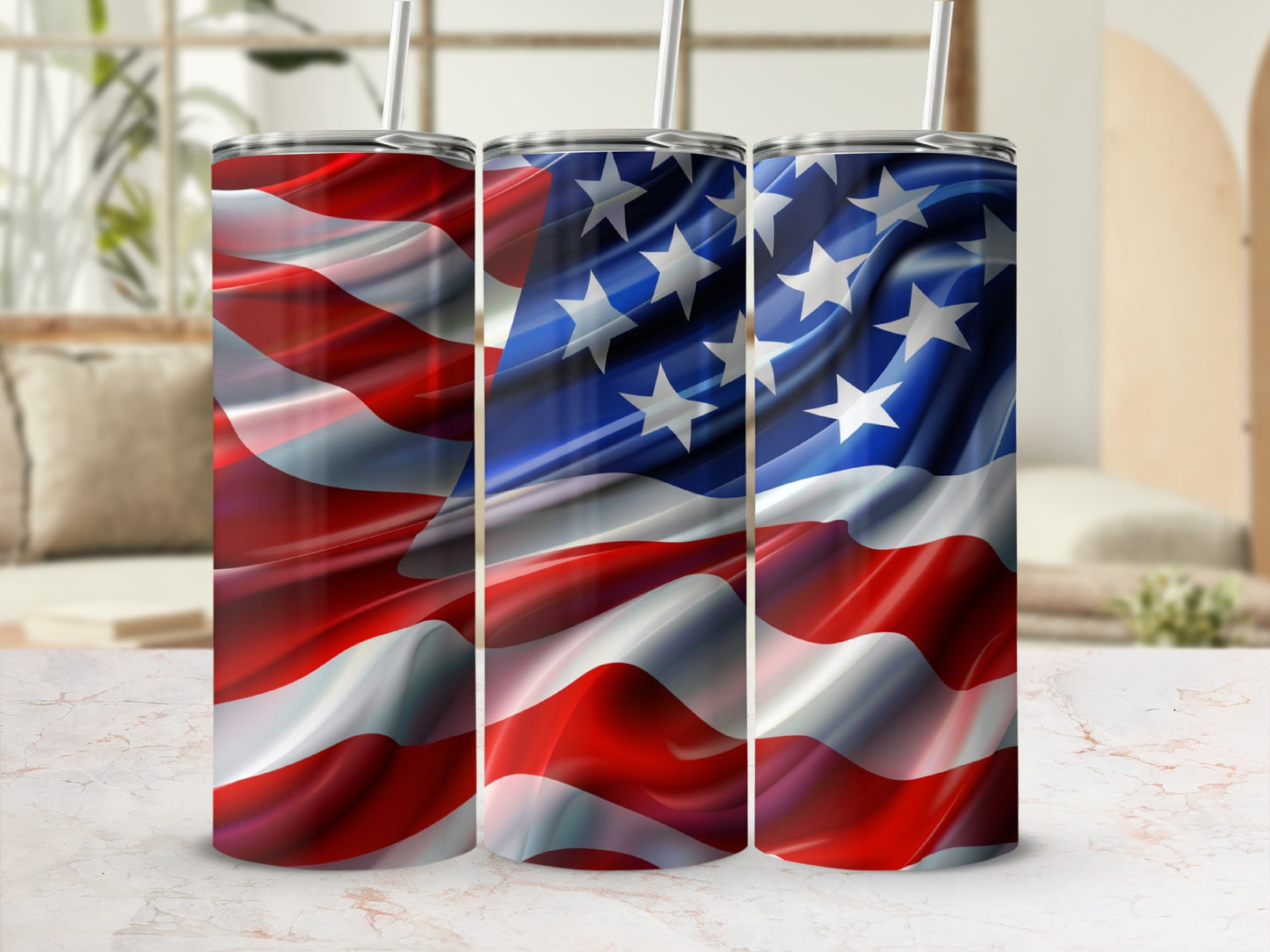 Three tumblers with a waving American flag design, close-up.