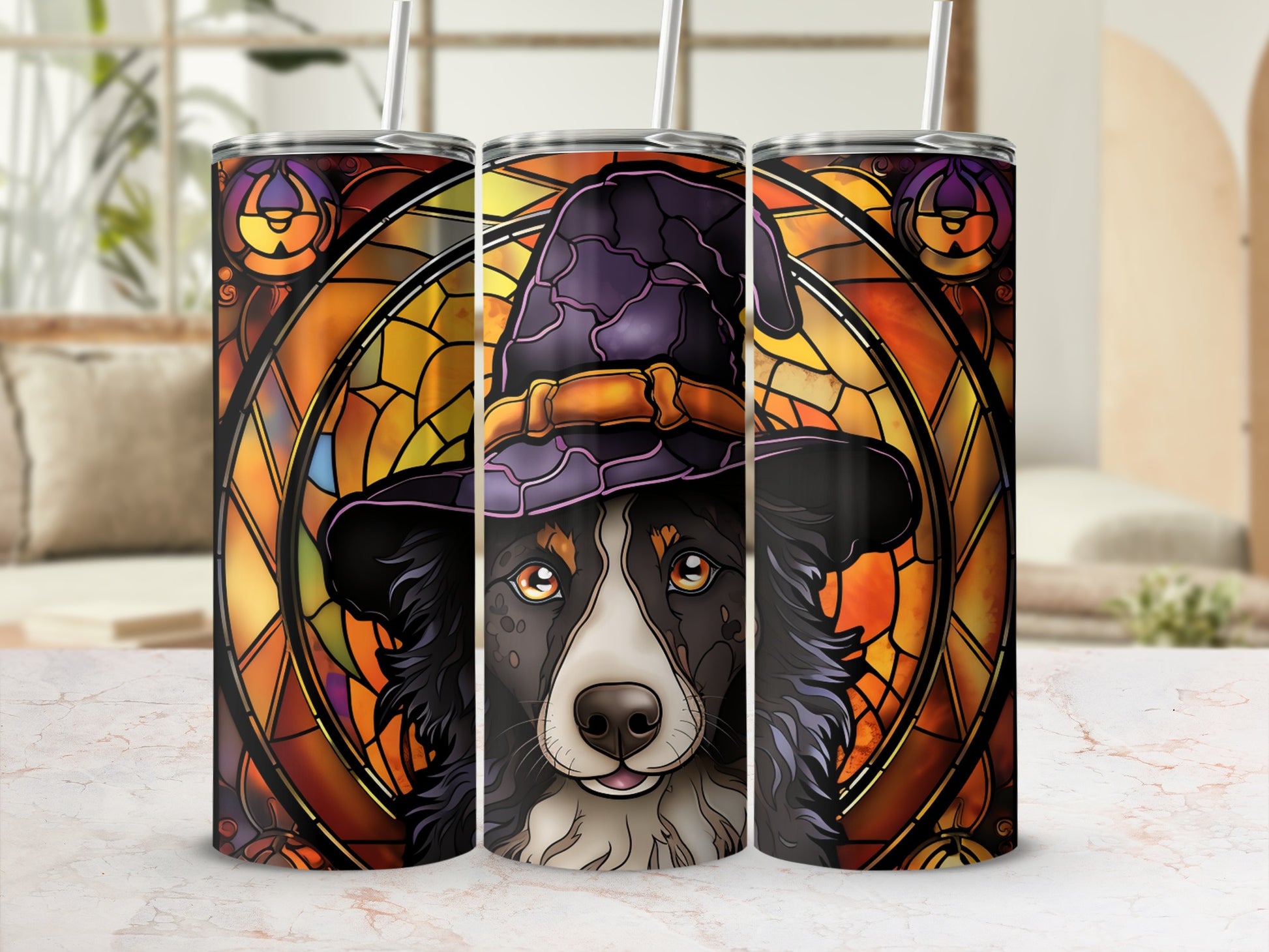 Border collie wearing a witch's hat against a stained-glass background.