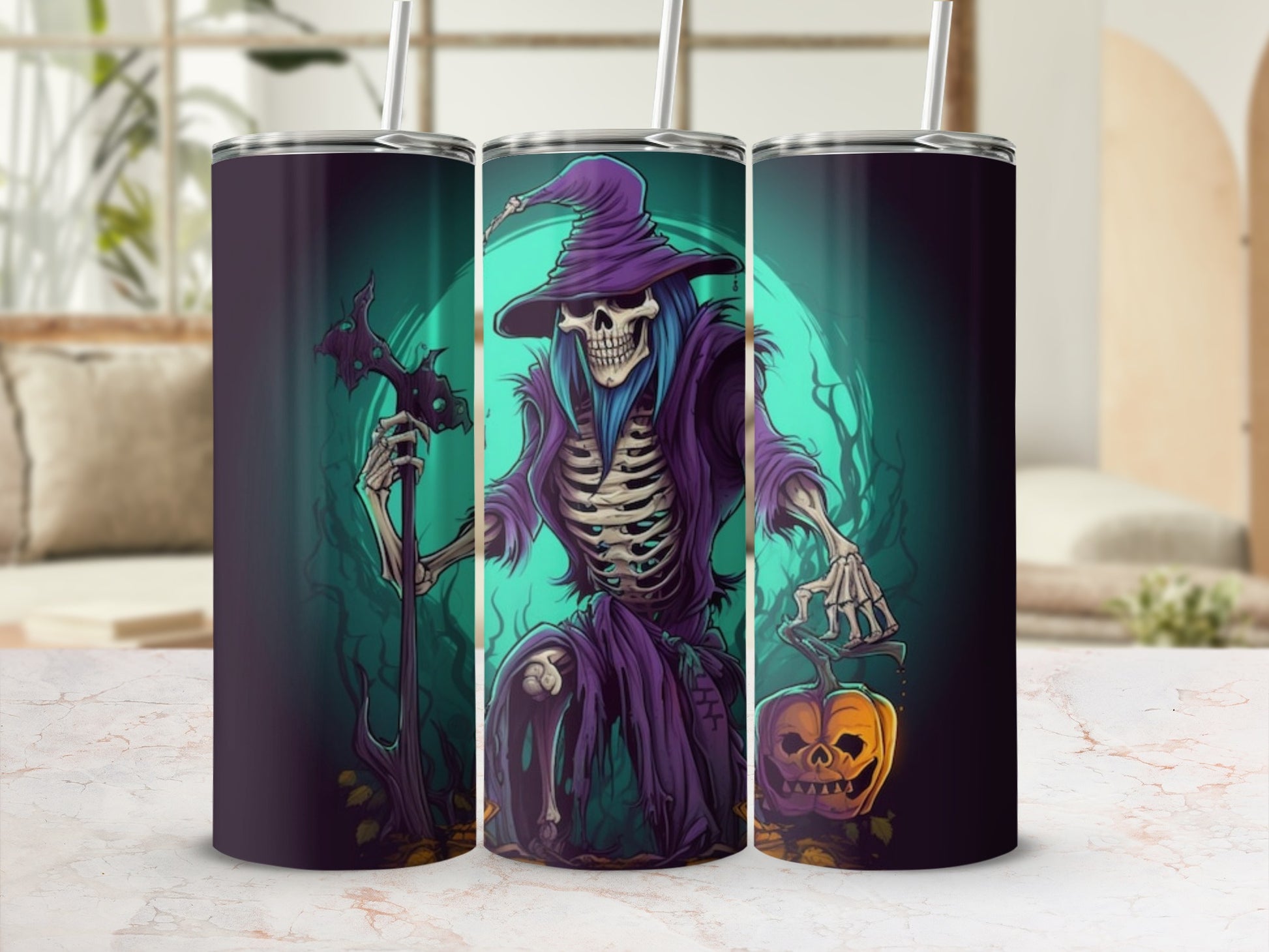 Halloween skeleton in purple robes and hat holding a staff and pumpkin.