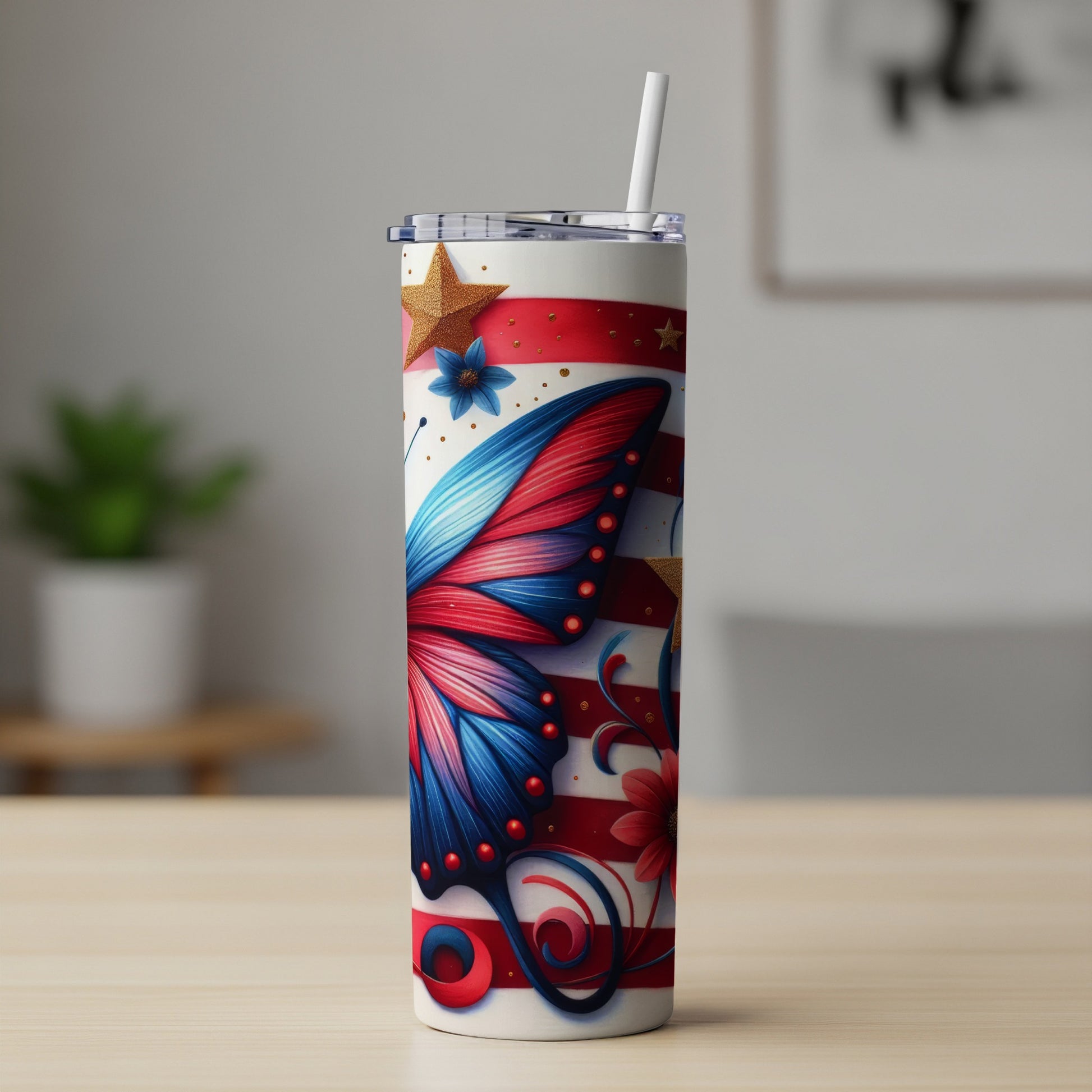 Tall tumbler with patriotic butterfly and star design.