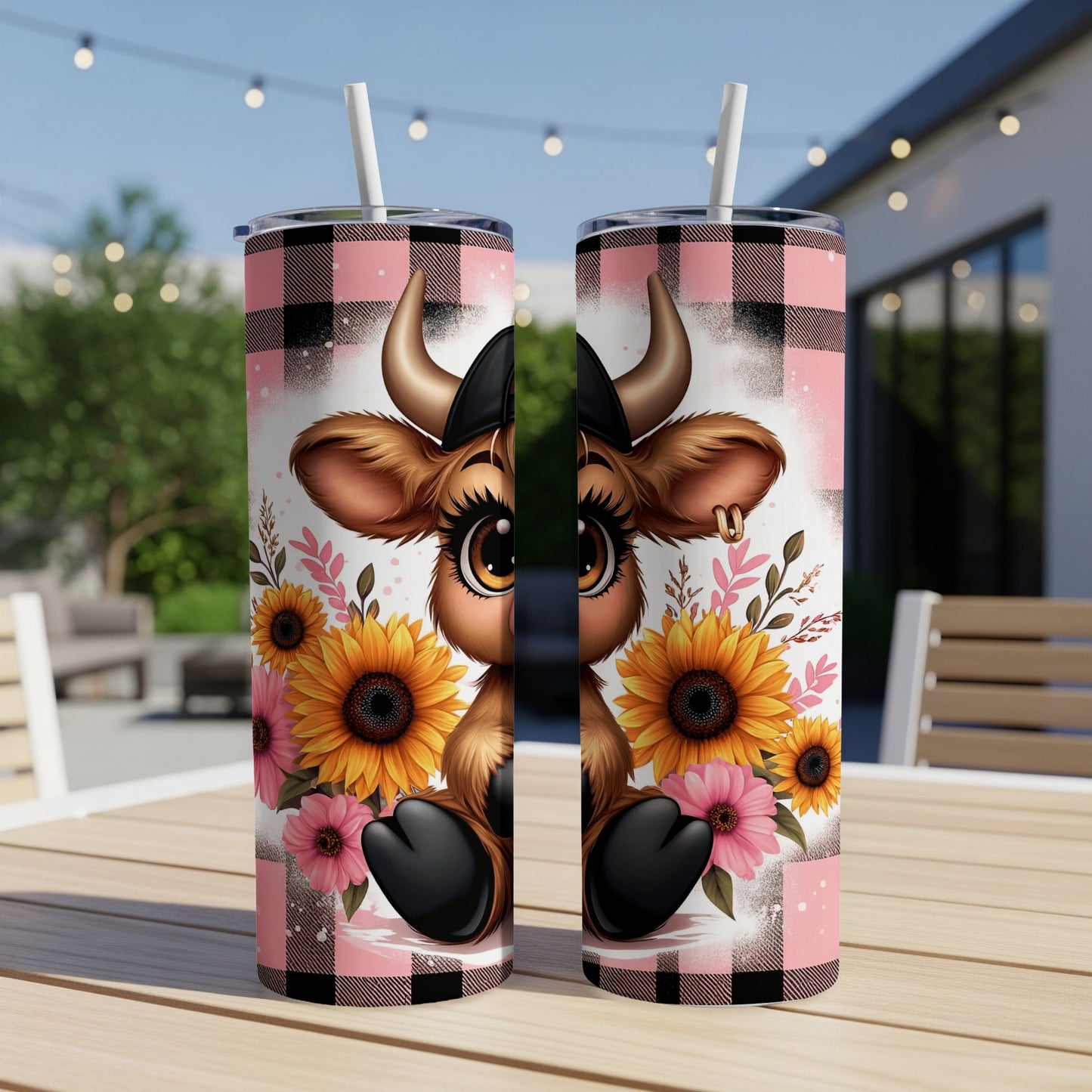 Cow tumbler with sunflowers and pink gingham pattern.