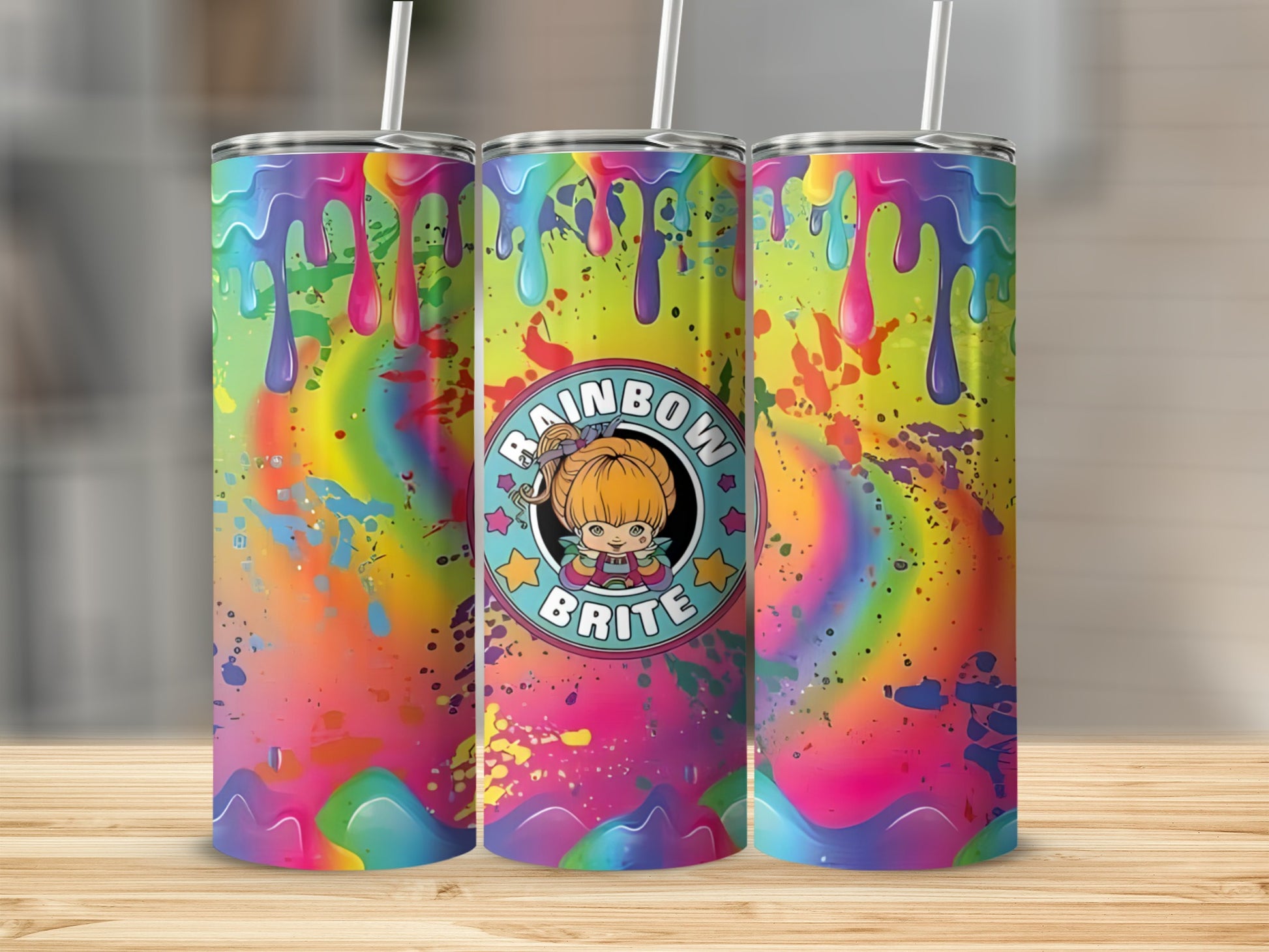 Rainbow Brite tumbler with dripping rainbow colors and splatter paint.