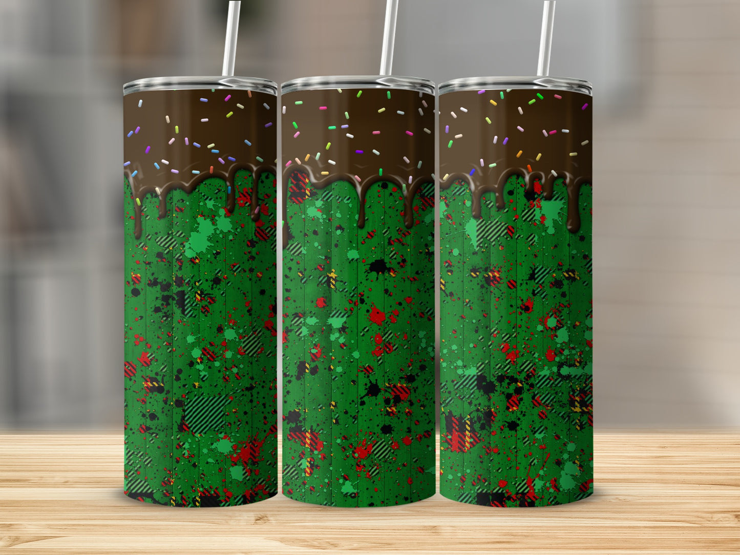 Green plaid tumbler with chocolate and rainbow sprinkles design.