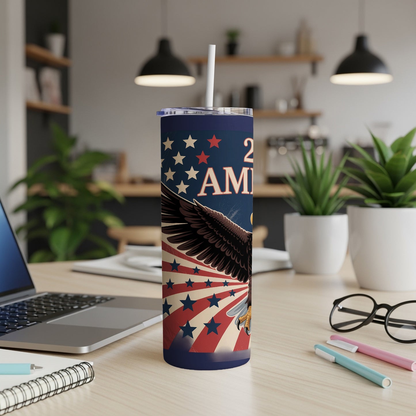 Red, white, and blue patriotic tumbler with an eagle and "2024 America" text.