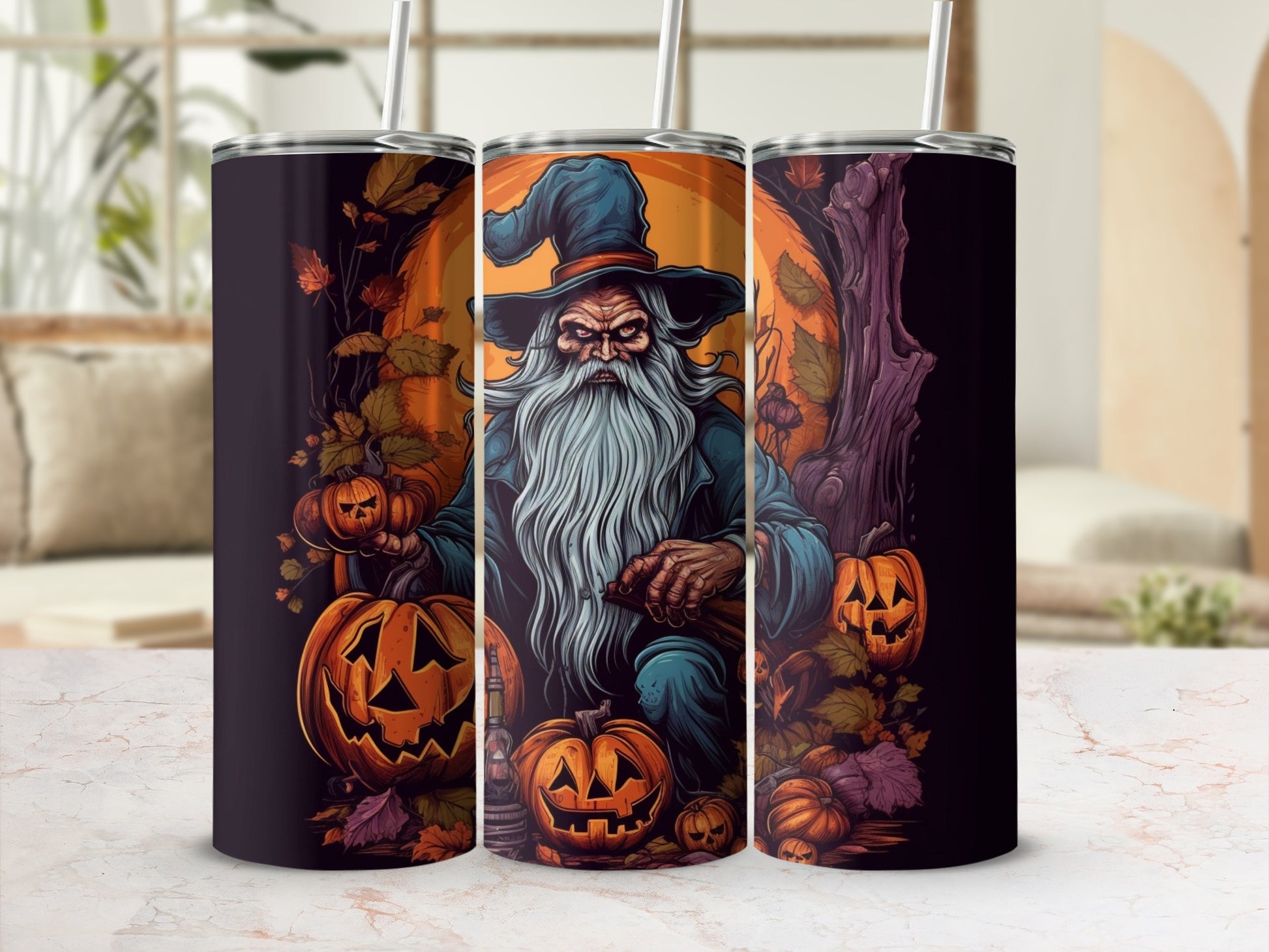 Halloween Wizard with Pumpkins Tumbler Cup Design