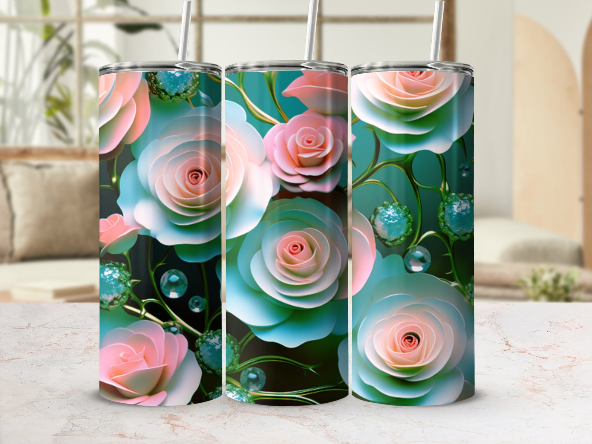 Pink and teal rose floral design on a cylindrical tumbler.