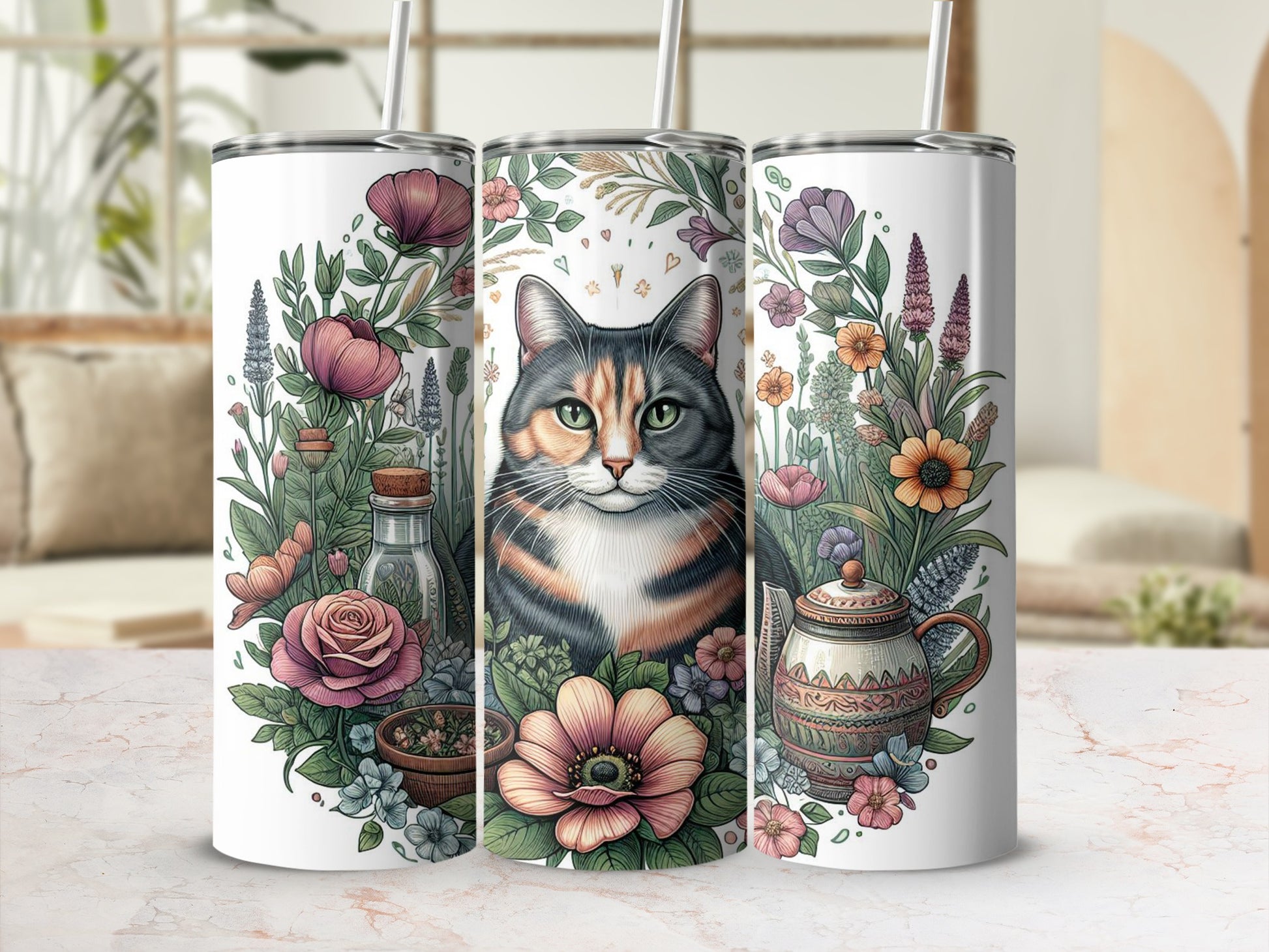 Tumbler with calico cat surrounded by floral designs and a teapot.