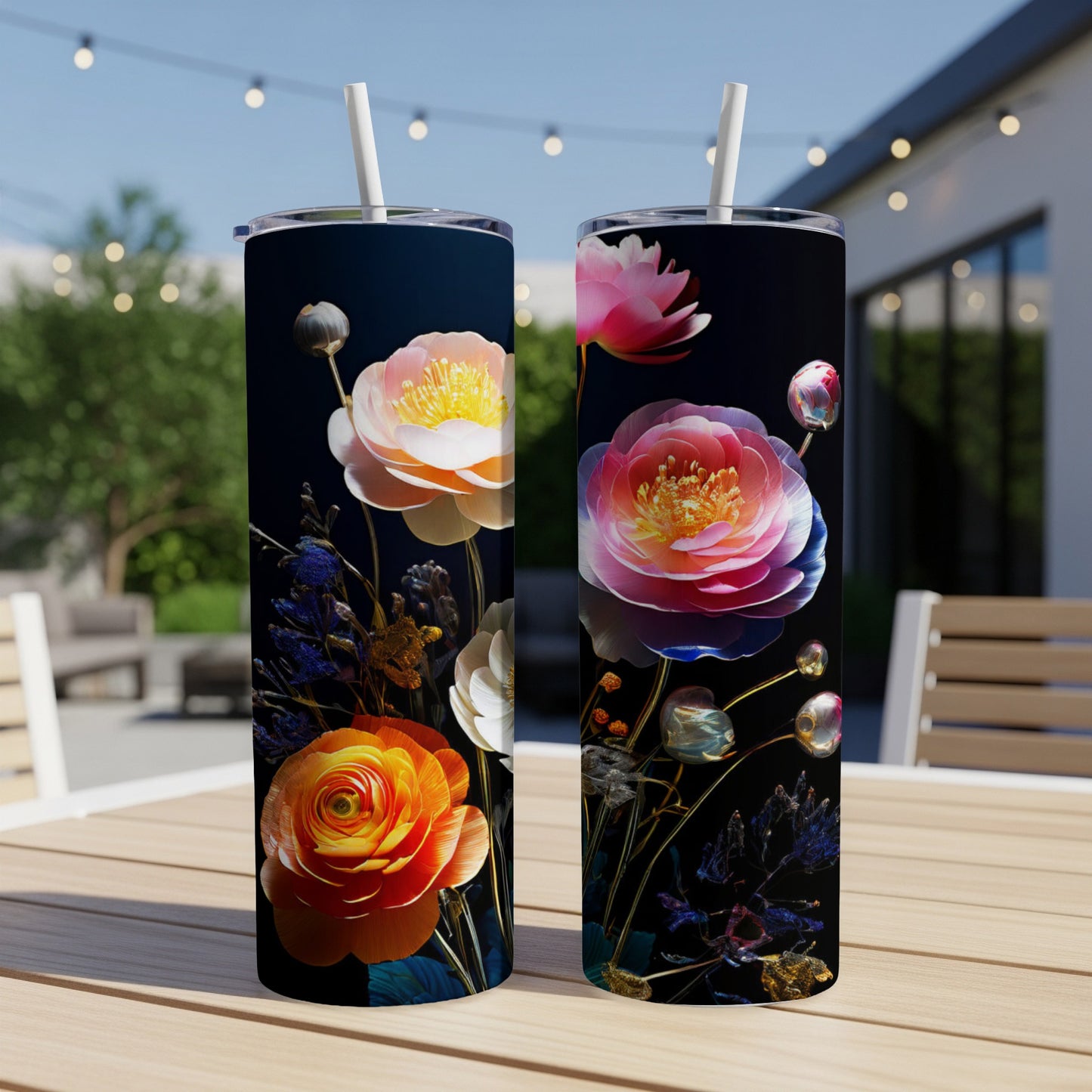 Two tall, slender tumblers featuring vibrant floral and botanical designs.