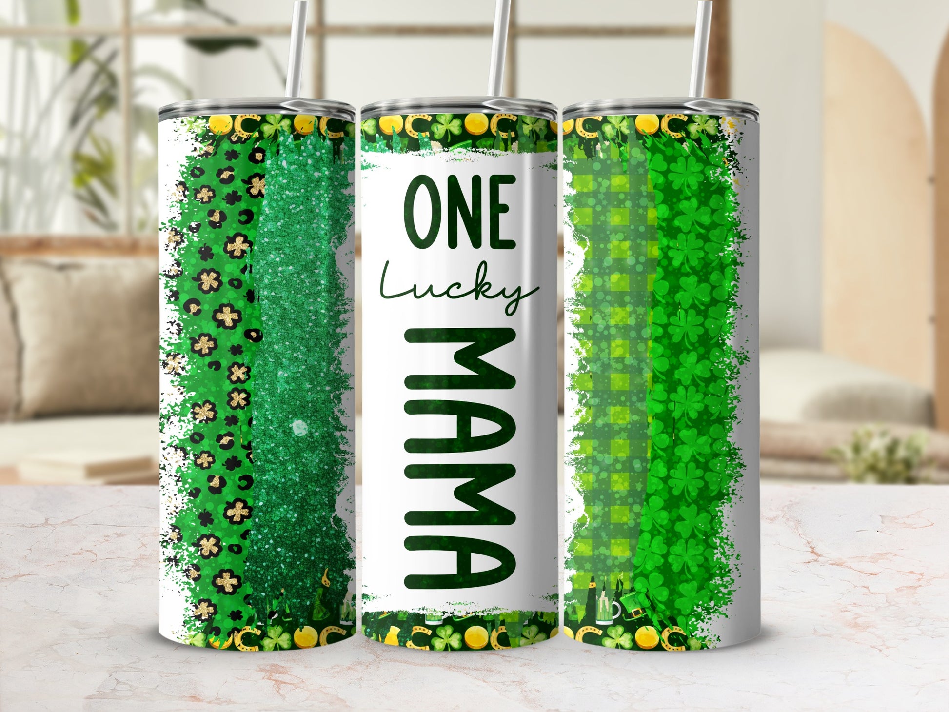 Green lucky mama tumbler with shamrocks and leopard print.