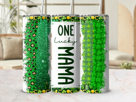Green lucky mama tumbler with shamrocks and leopard print.