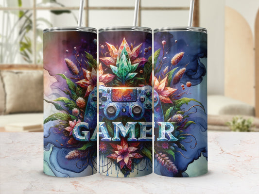 Gamer tumbler with vibrant crystals and floral accents on a blurred background.