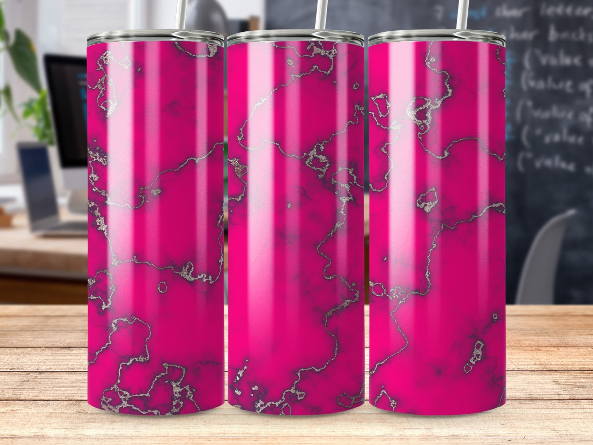 Hot Pink Silver Marble Veins Design Skinny Tumbler product type