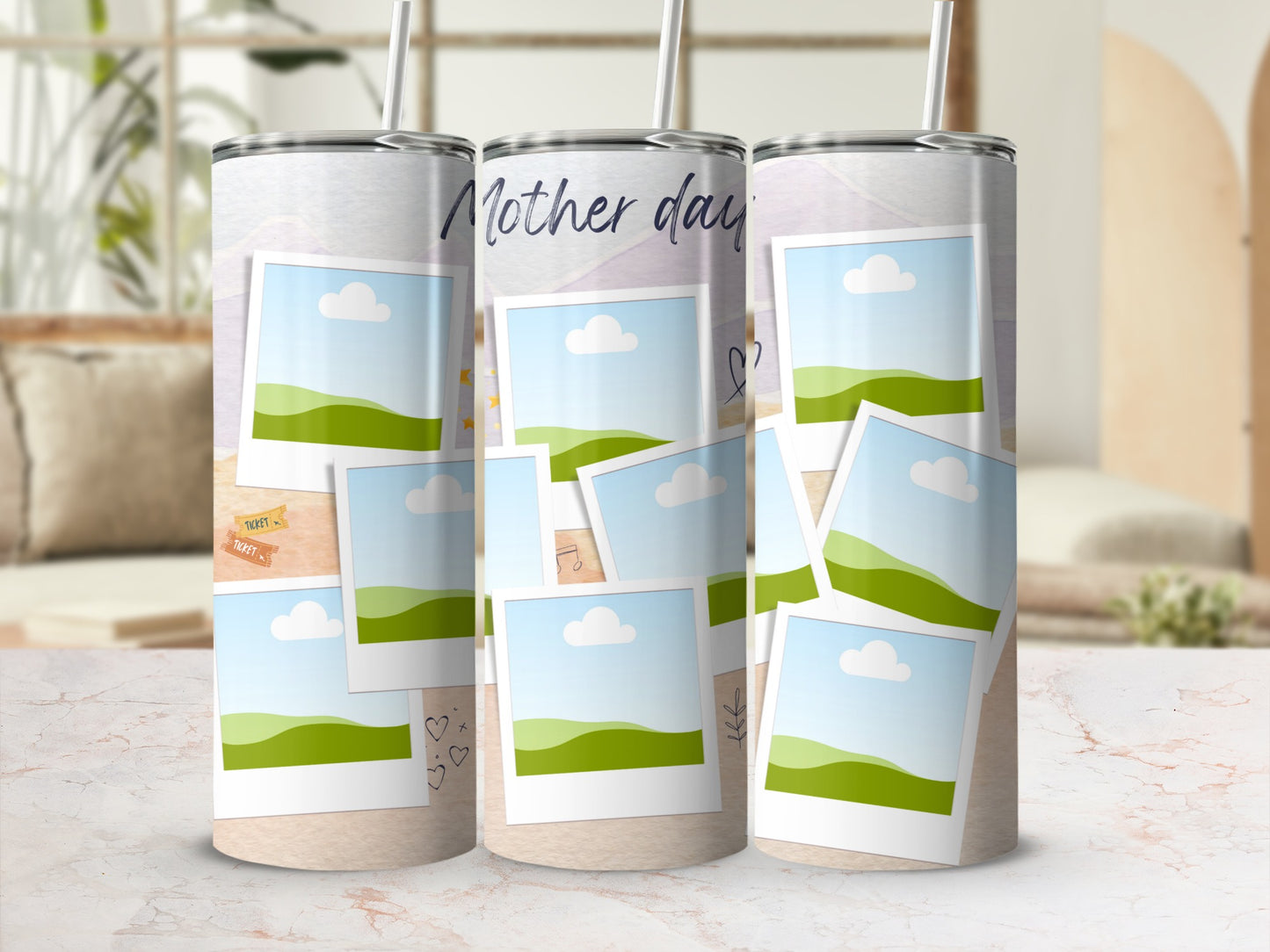 Three tumblers with a Mother's Day theme featuring photo frame designs.