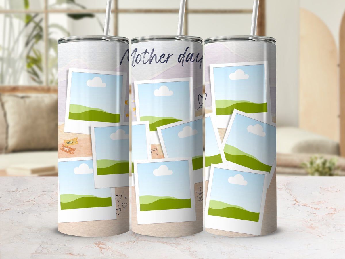 Three tumblers with a Mother's Day theme featuring photo frame designs.