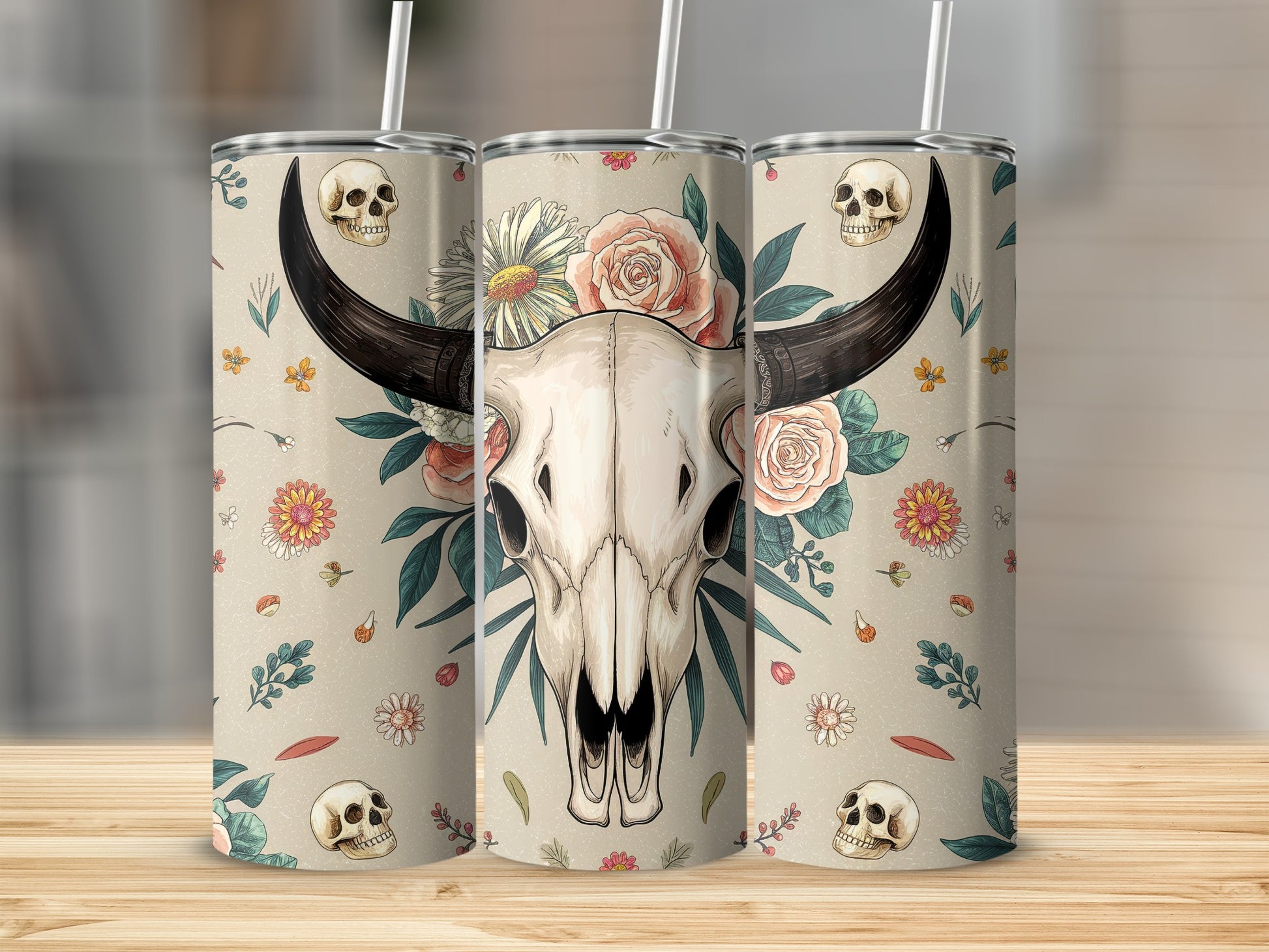 Cow skull with flowers and small skulls on a tan background.