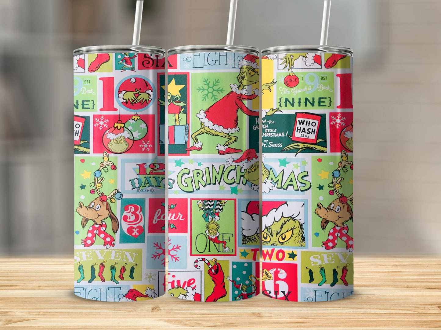 Green Grinchmas tumbler with Dr. Seuss characters and holiday patterns.