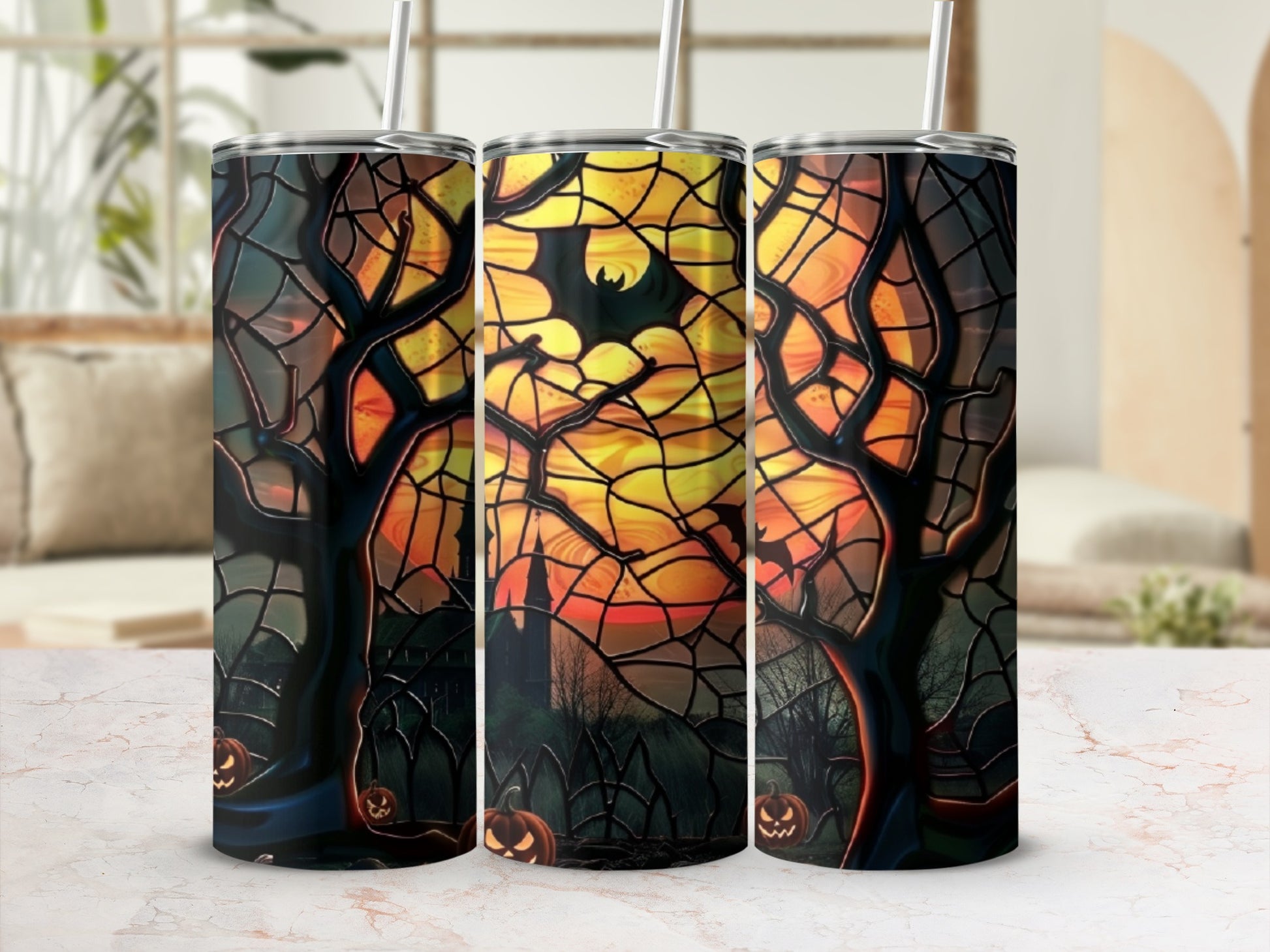 Three tumblers with a Halloween spooky forest and castle design.