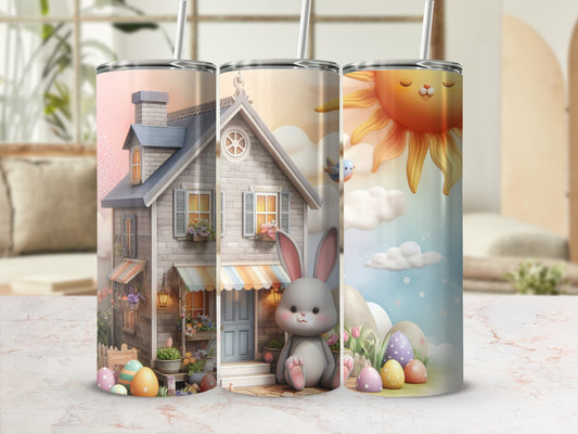 Easter bunny and eggs beside a house with a bright sun in the background.